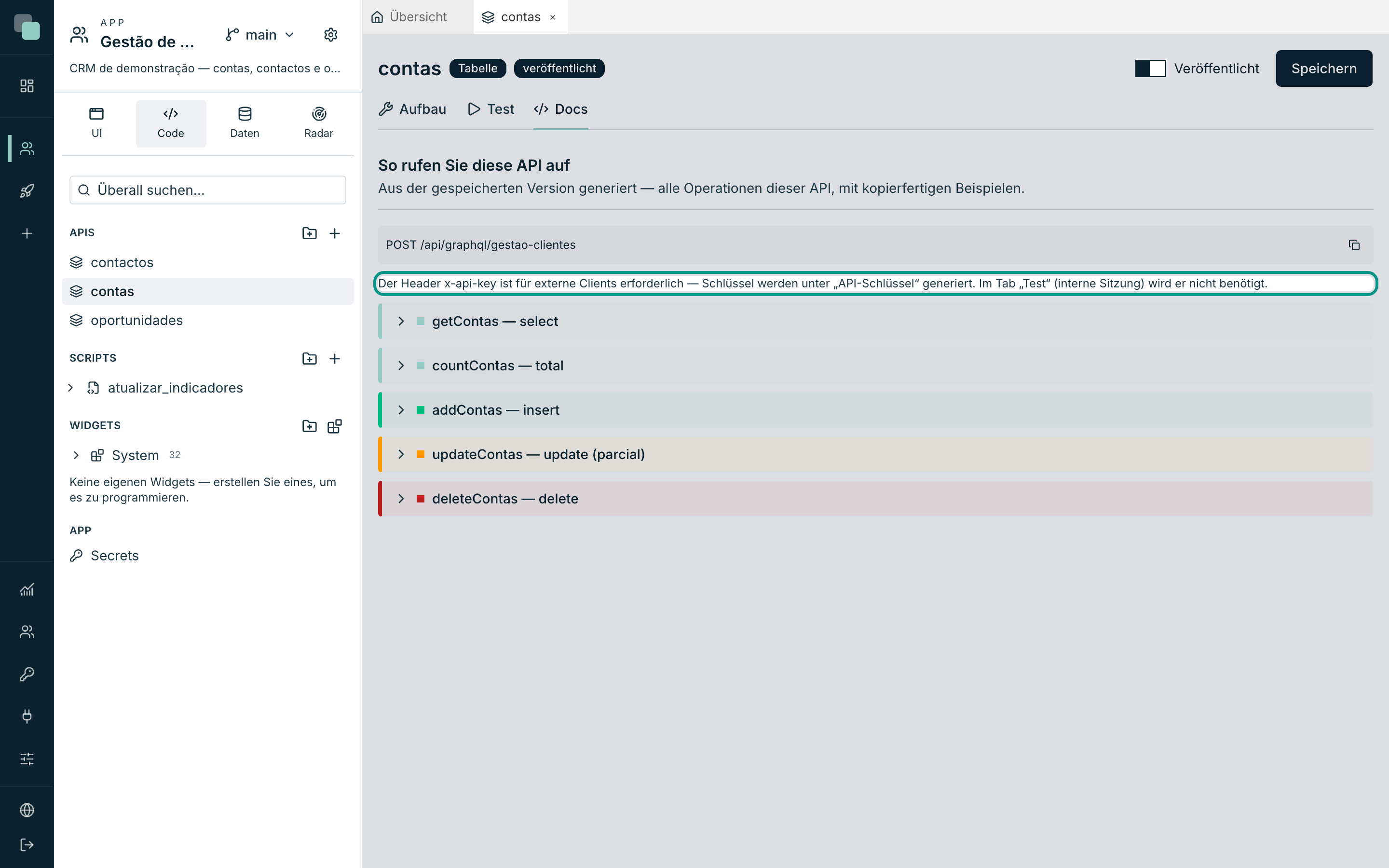 Der Tab Docs einer Tabellen-API, mit dem Endpunkt und der Notiz zum Header x-api-key.