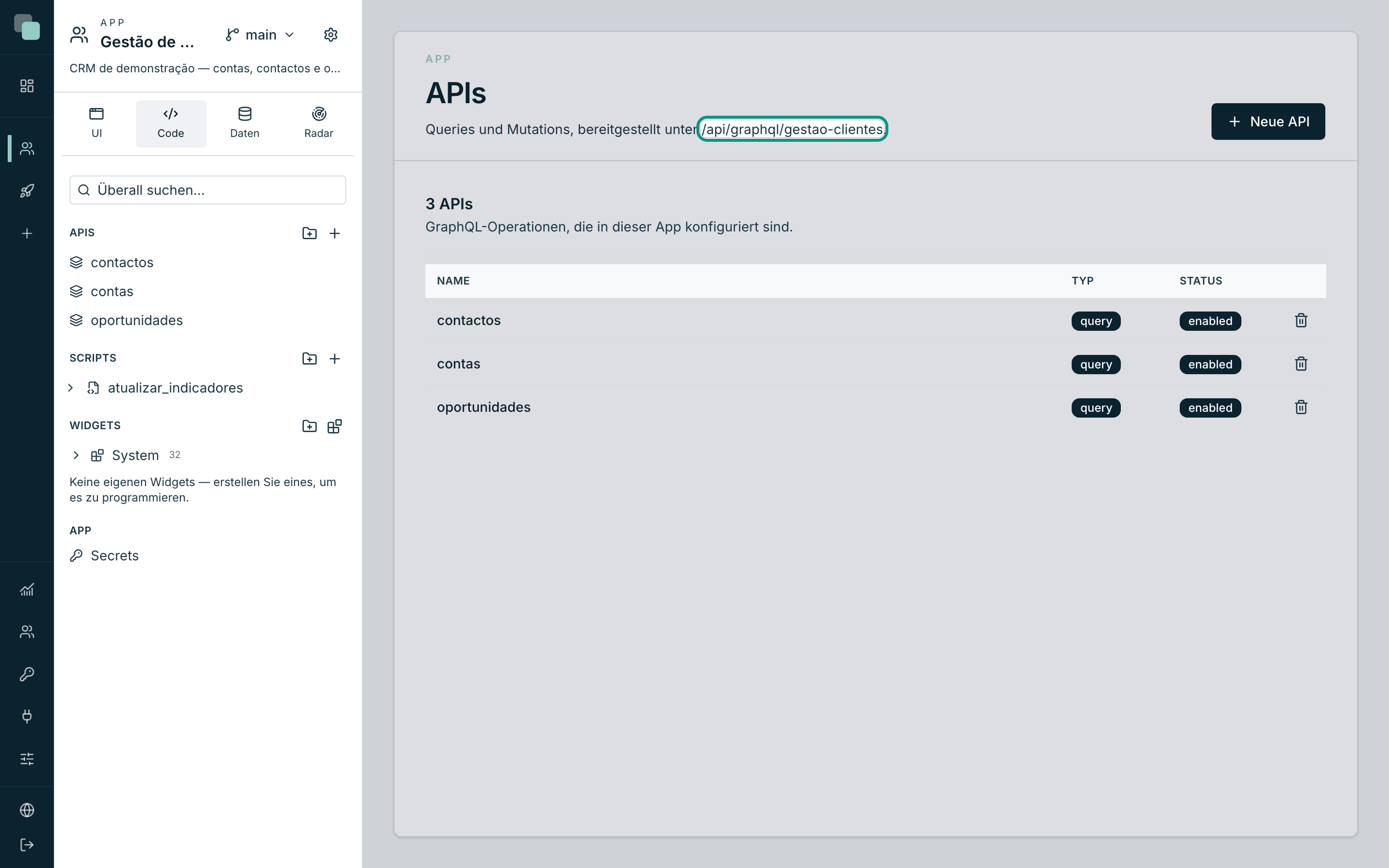 Die Seite APIs der App, mit der Adresse des GraphQL-Endpunkts oben.