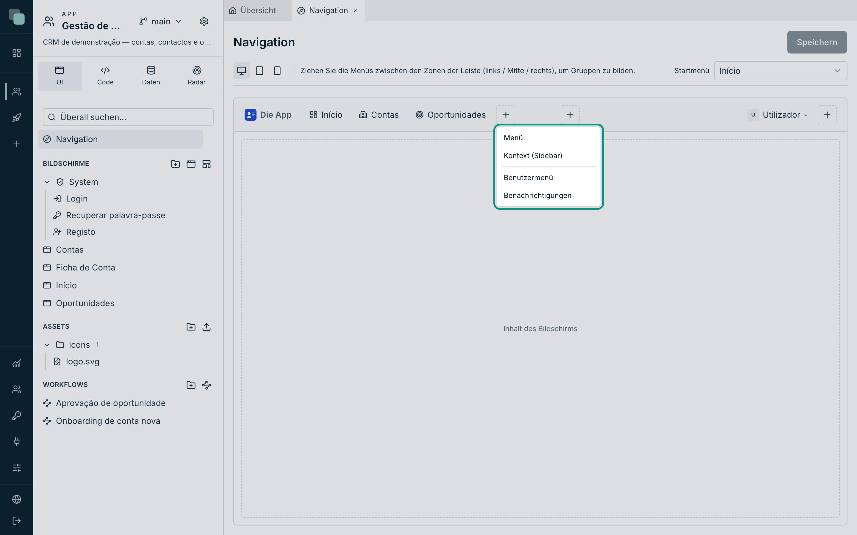 Das + einer Zone: die Menütypen, die die obere Leiste akzeptiert — Eintrag, Kontext mit Sidebar, Benutzermenü und Benachrichtigungen.