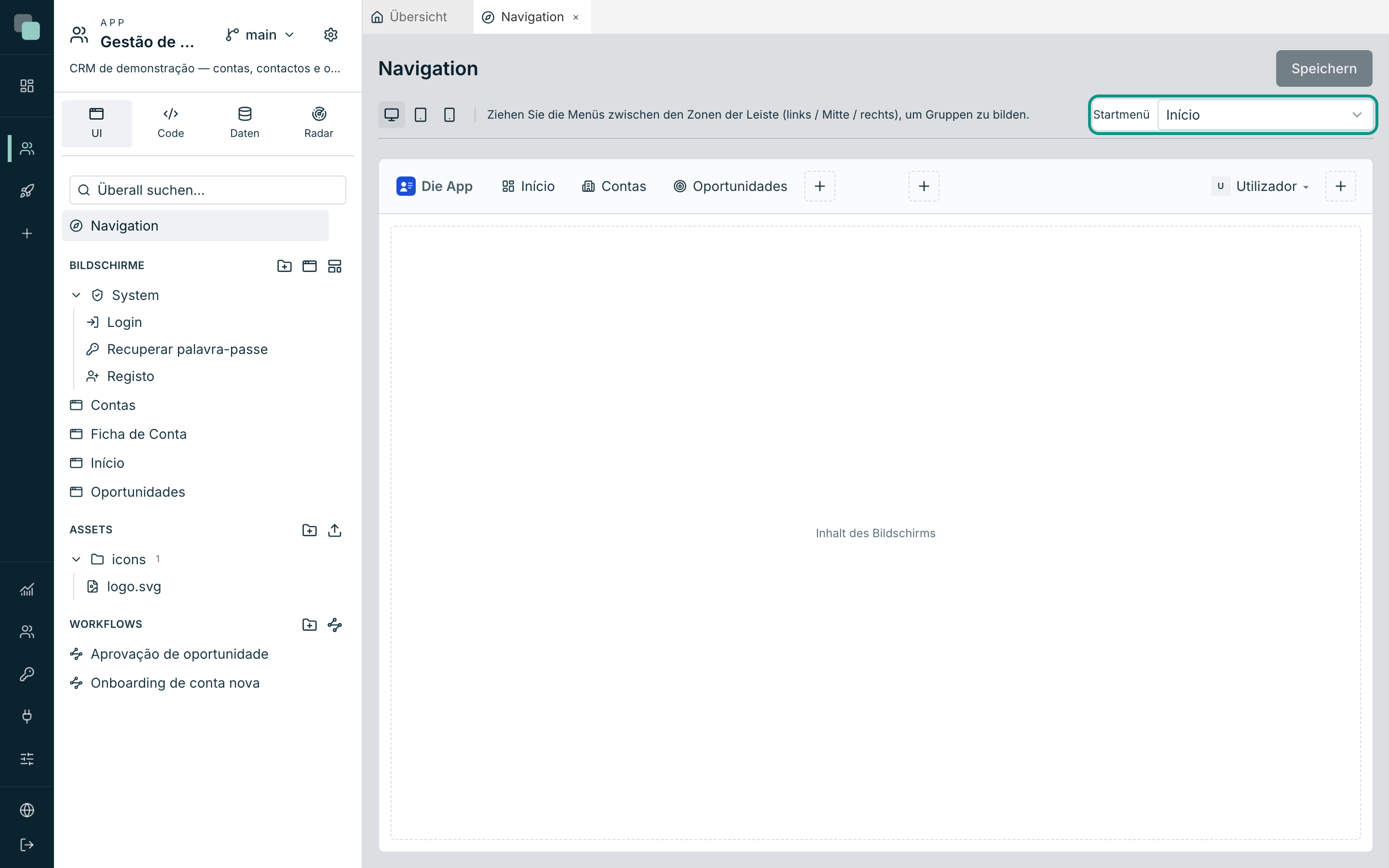 Startmenü — welches der Menüs öffnet, wenn jemand die App betritt, gewählt pro Gerät.