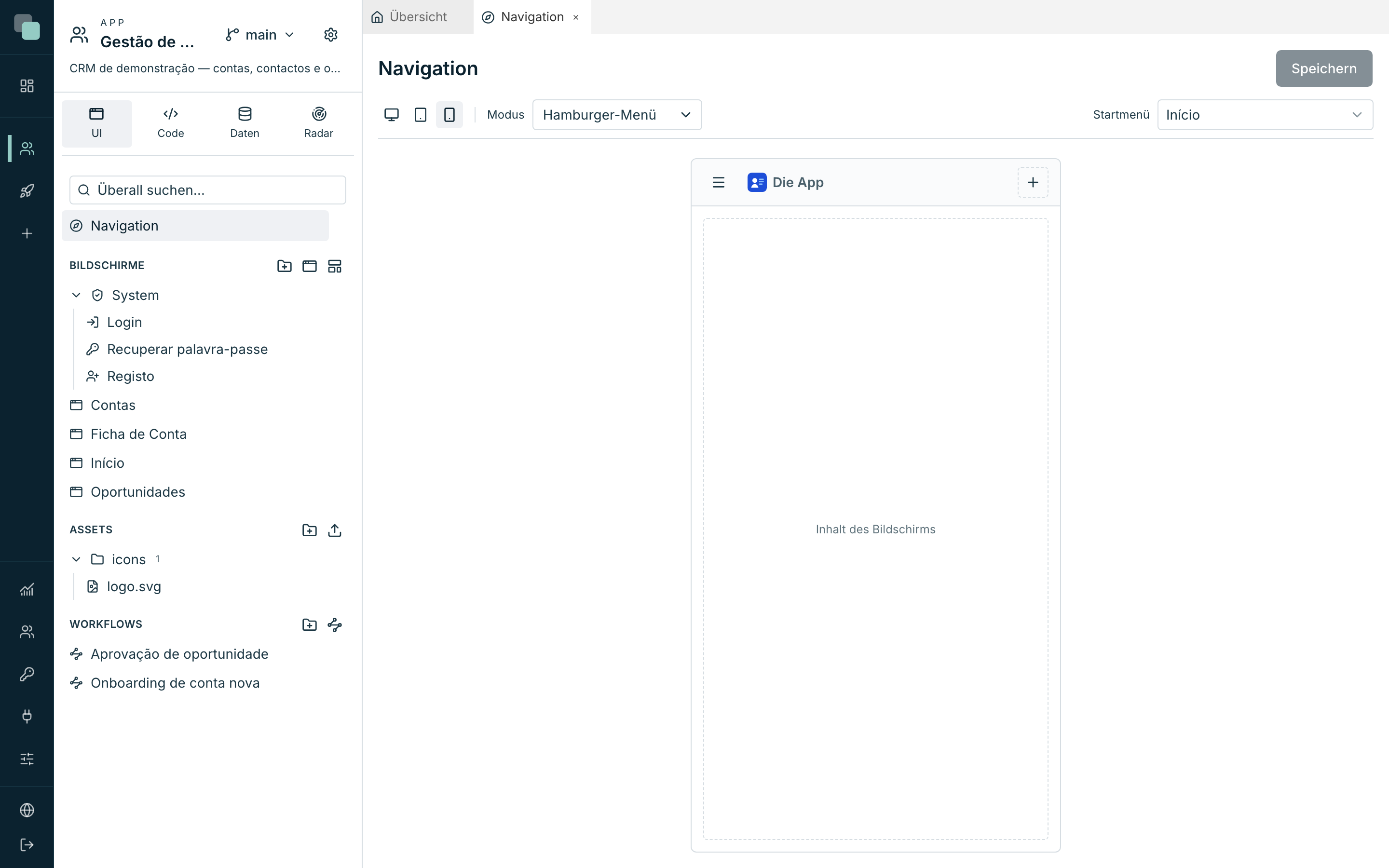 Die Navigation des Handys: ein anderes Design und ein anderer Modus — hier das Hamburger-Menü, mit den Menüs in der Schublade.