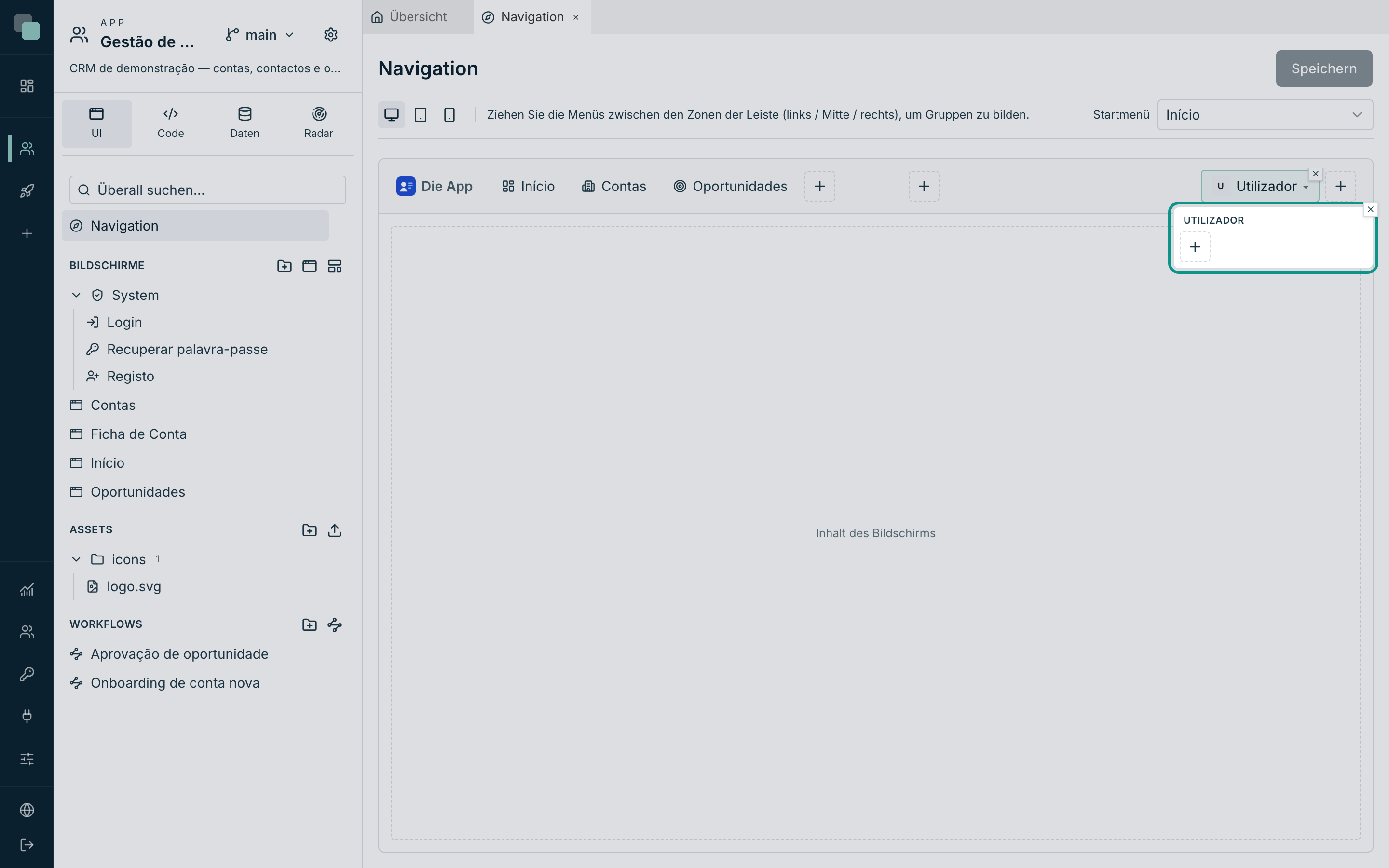Der Chip des ausgewählten Benutzermenüs: das Popup zeigt das Menü so, wie es in der App erscheint, und das + fügt Einträge hinzu.