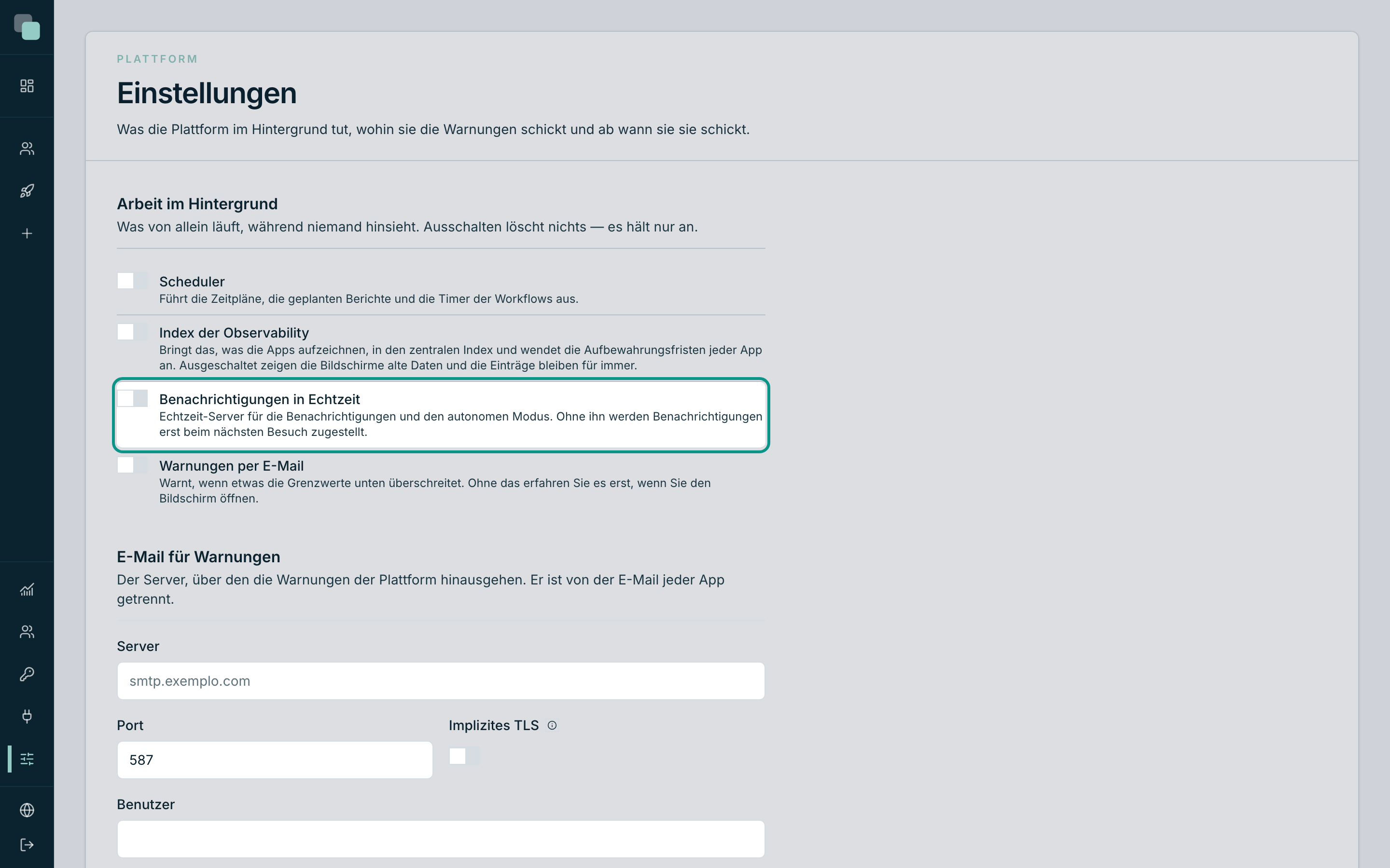 Der Schalter Benachrichtigungen in Echtzeit, in den Einstellungen der Plattform