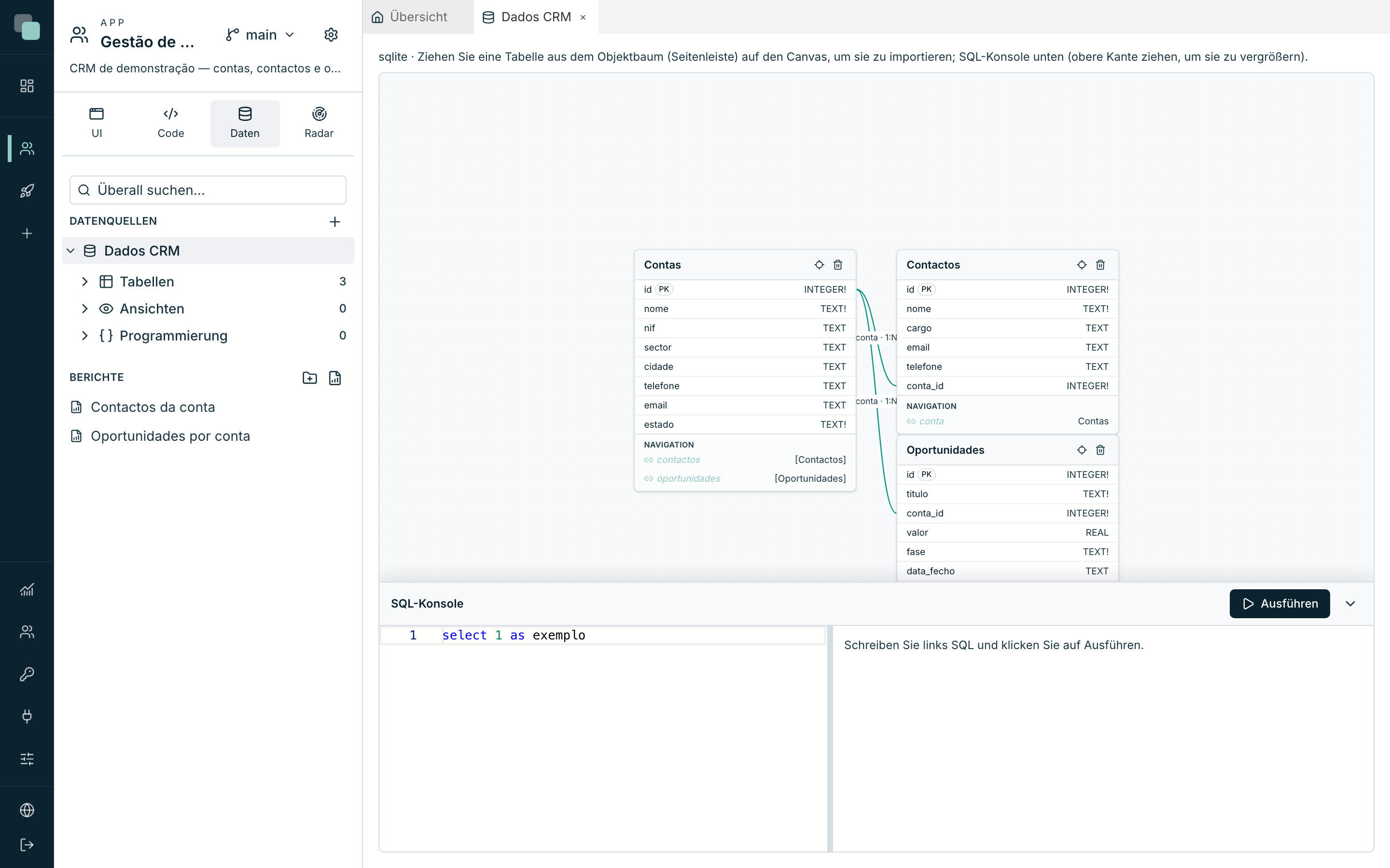 Die SQL-Konsole, unter dem Modell: links wird geschrieben, Ausführen führt aus, und das Ergebnis erscheint rechts.