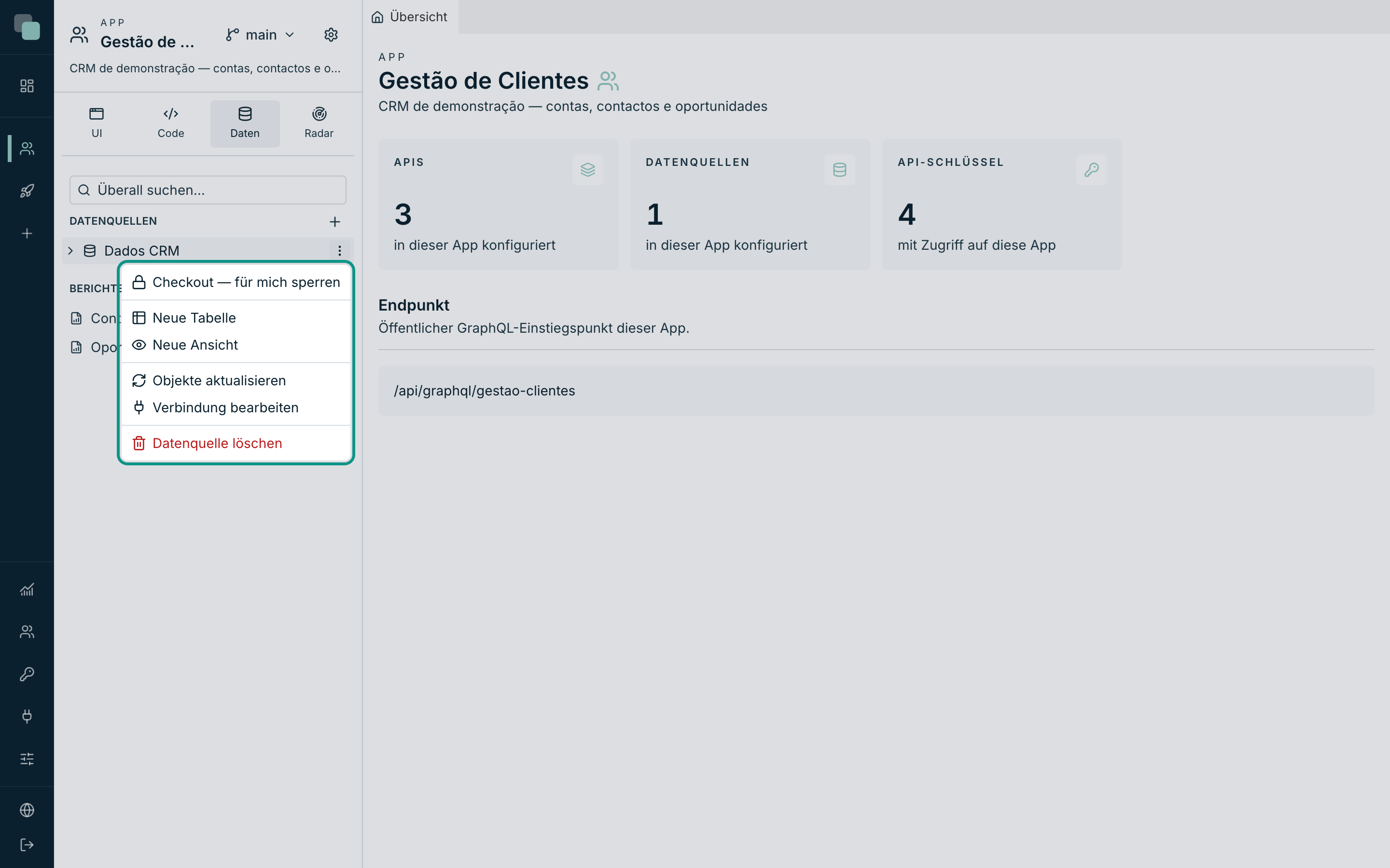 Das Aktionsmenü der Datenquelle — was die Plattform zum Anlegen anbietet, hängt von der Engine der verbundenen Datenbank ab.