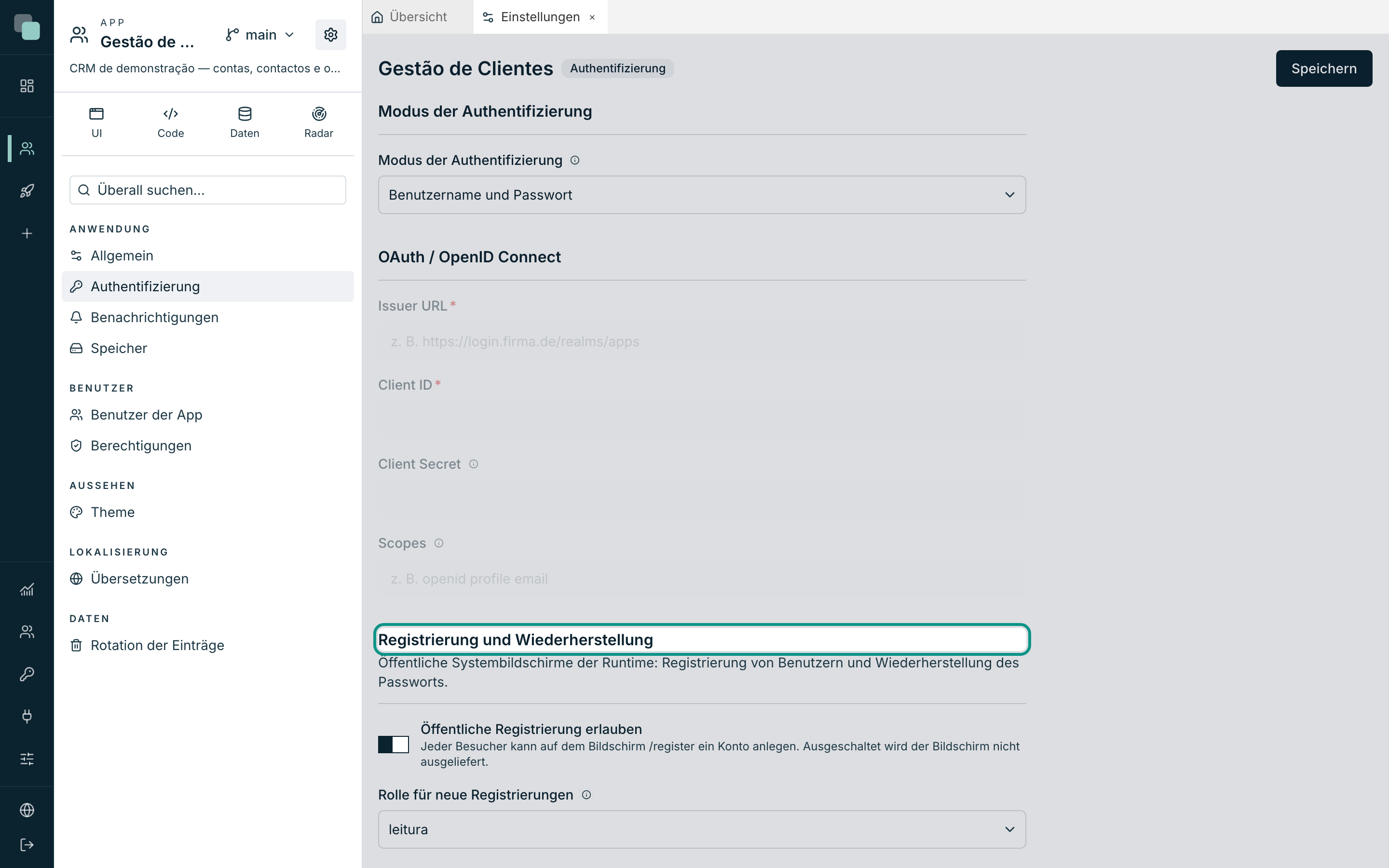 Der Abschnitt Authentifizierung, mit der Registrierung und der Wiederherstellung