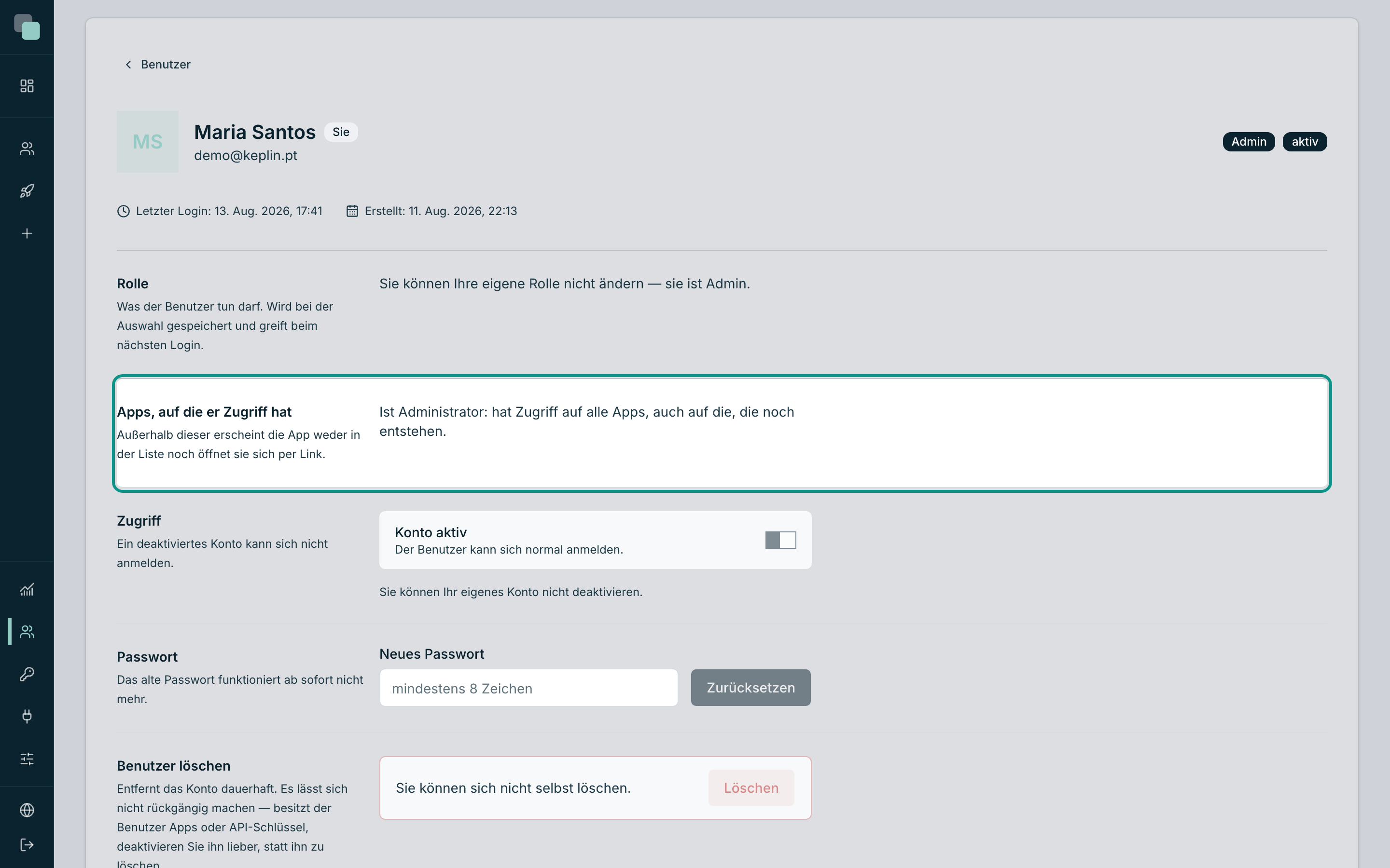 Dasselbe Panel in der Karte eines Administrators: keine Auswahl, mit Zugriff auf alle Apps