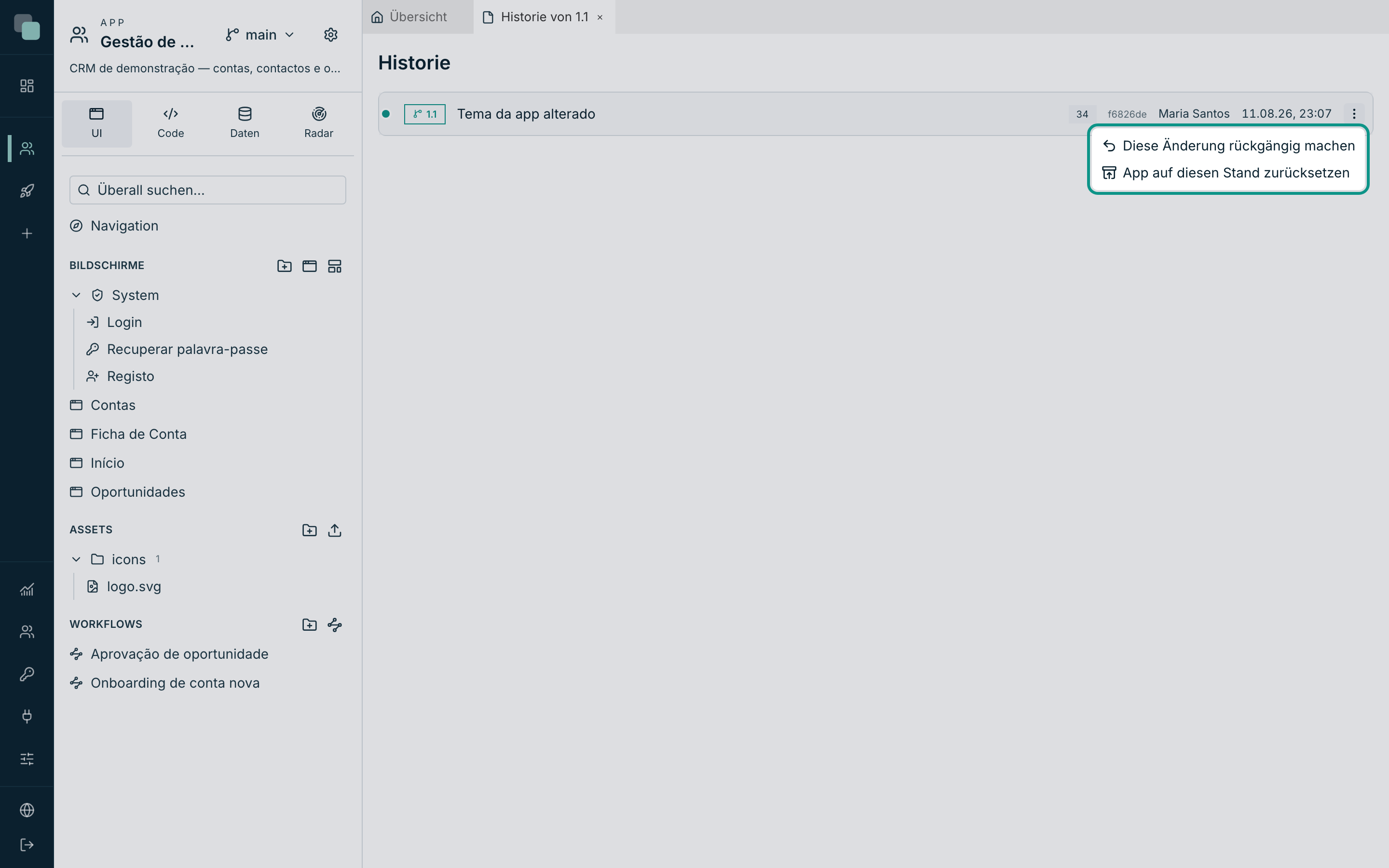 Das Aktionsmenü eines Commits, mit Diese Änderung rückgängig machen und App auf diesen Stand zurücksetzen