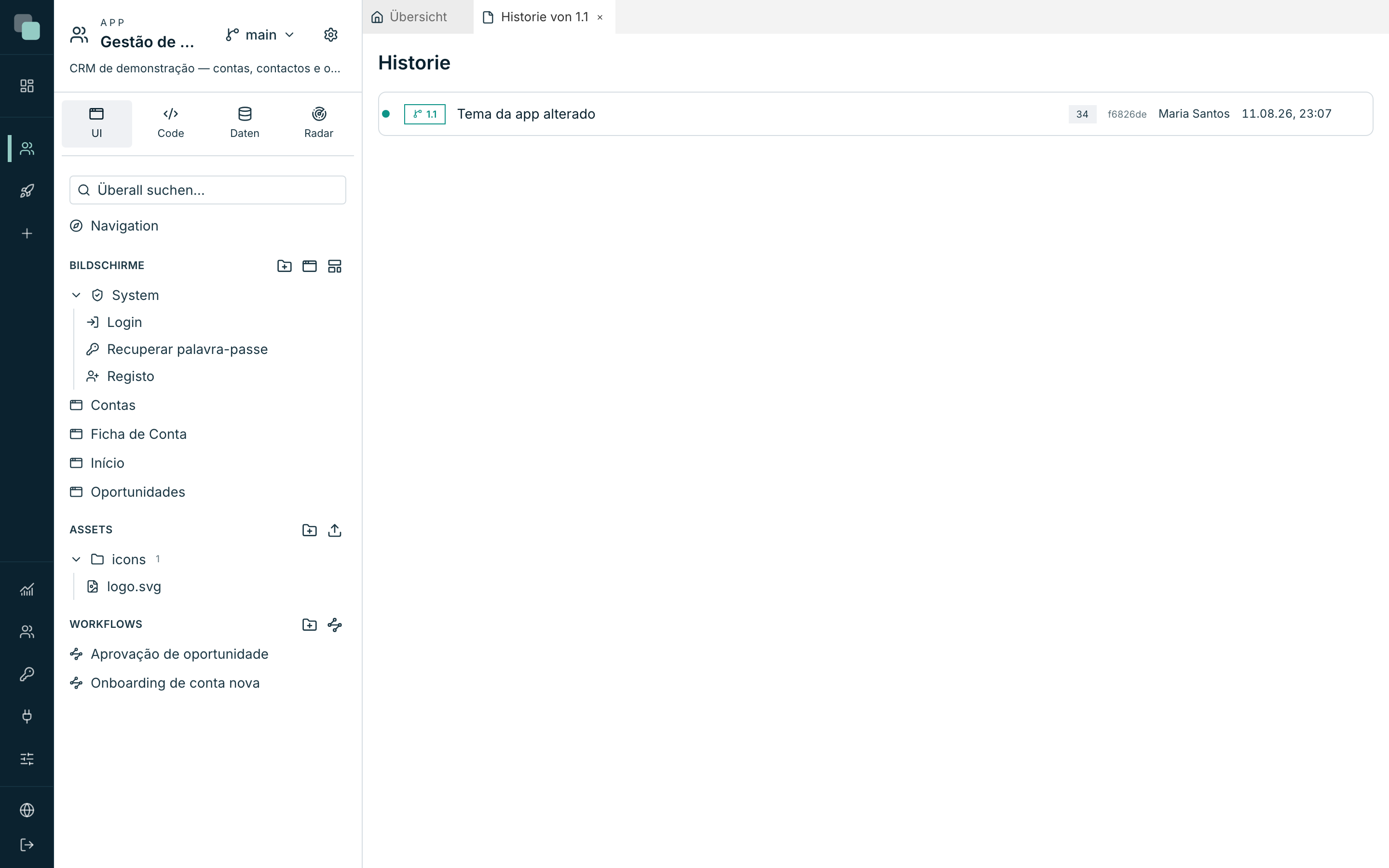 Das Panel Historie einer Version, mit einem Commit pro Zeile