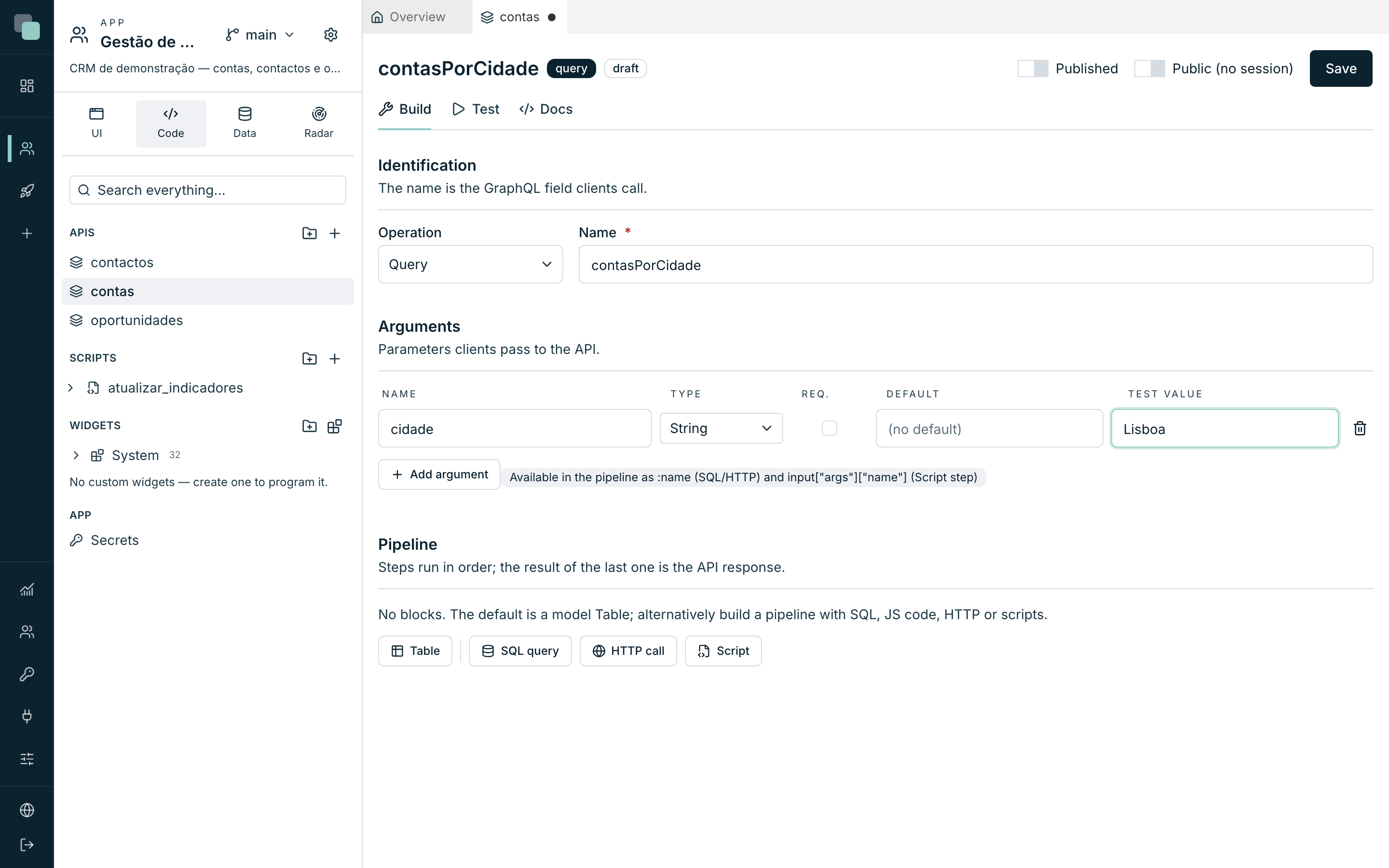 The builder of a pipeline API, on the Build tab.