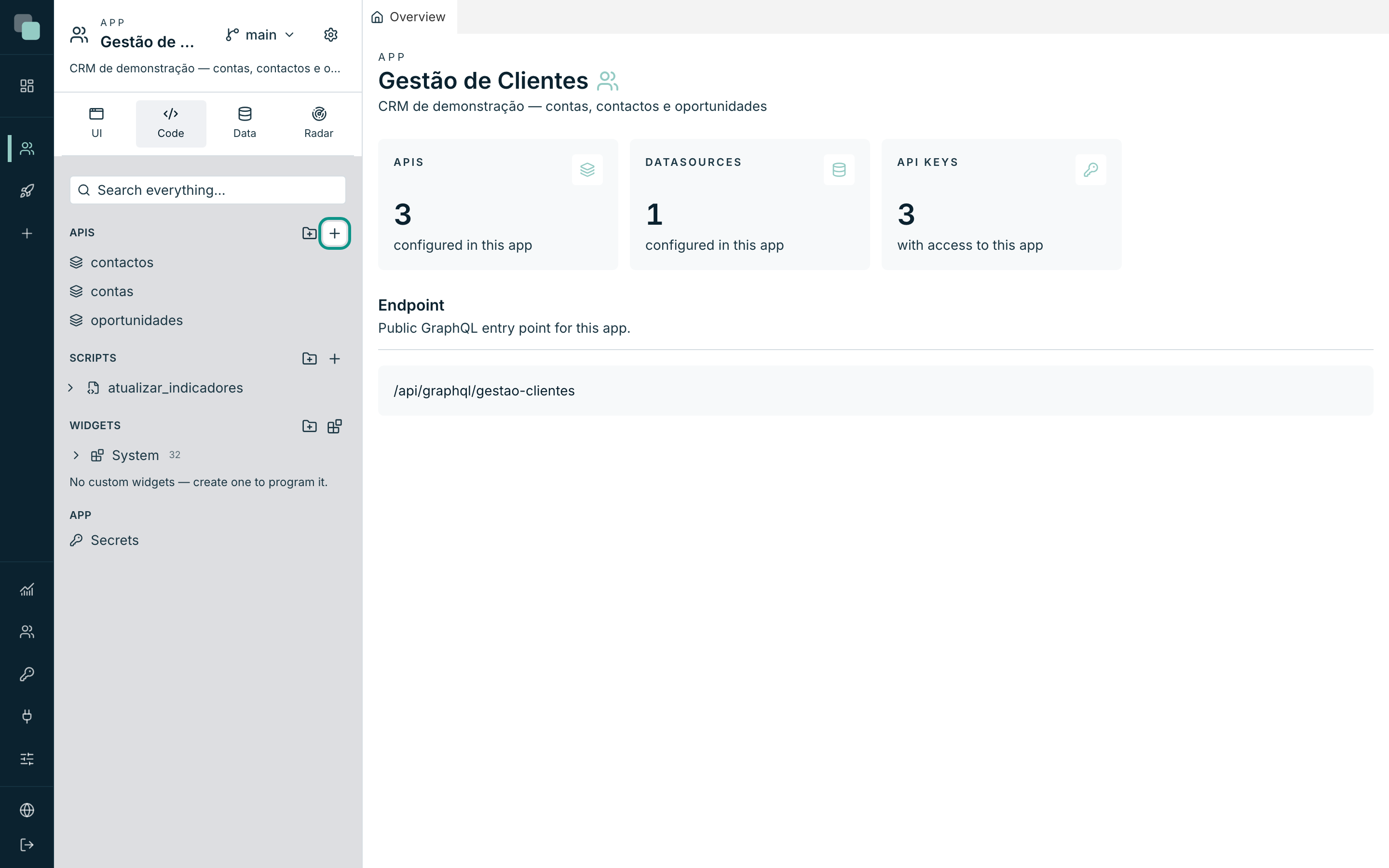 The Code panel with the APIs section, and the app overview with the endpoint address.