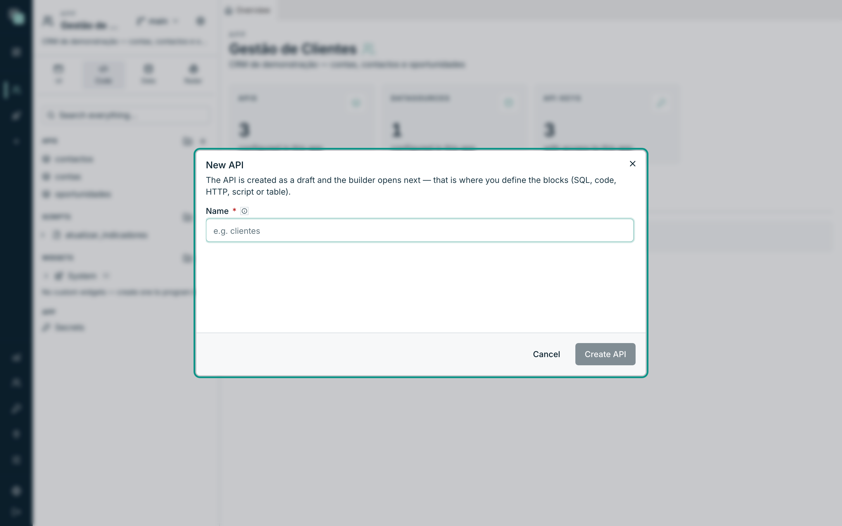 The New API dialog — just the name; the nature is defined later, in the builder.