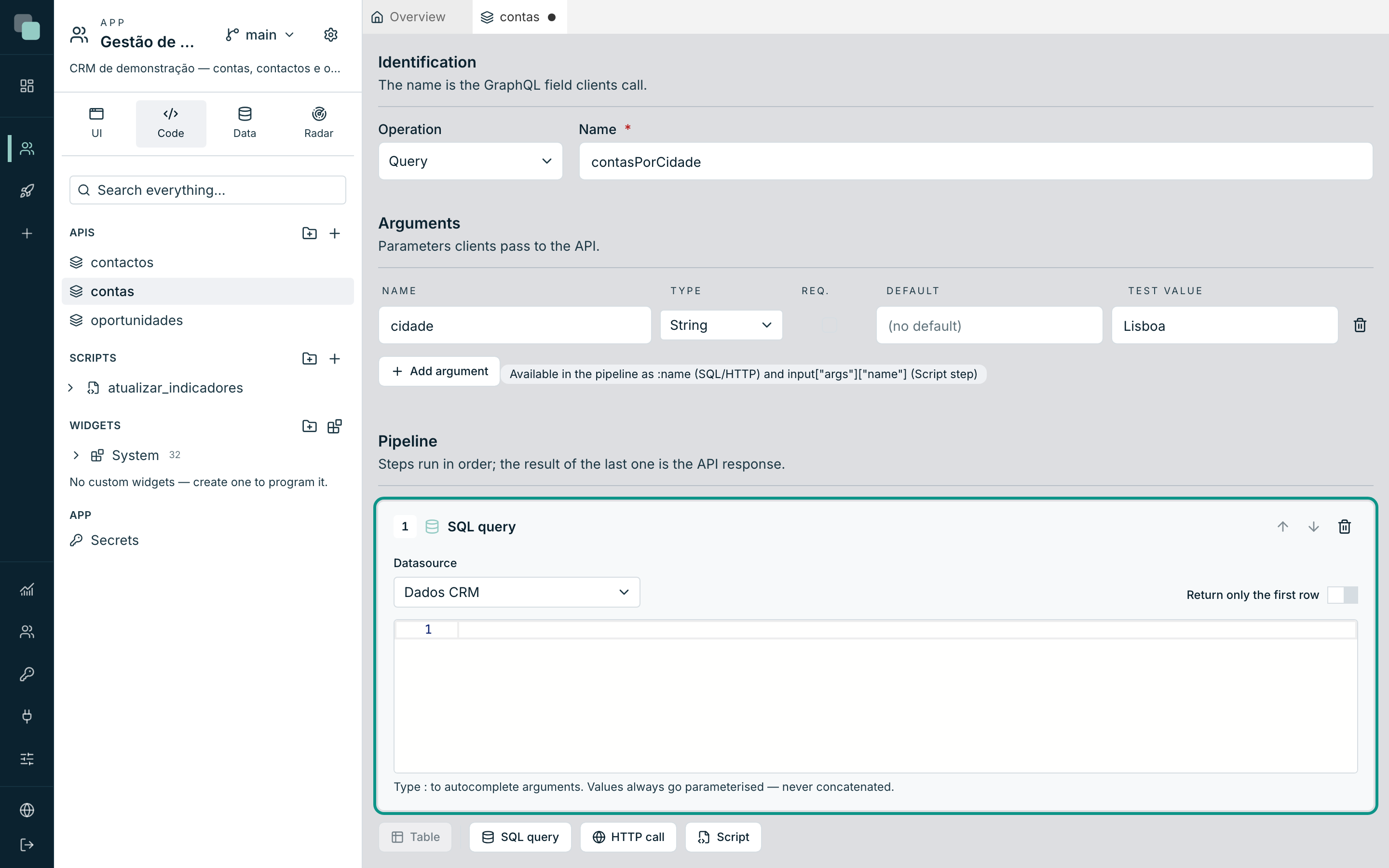 A SQL query step with the datasource chosen and the query editor.