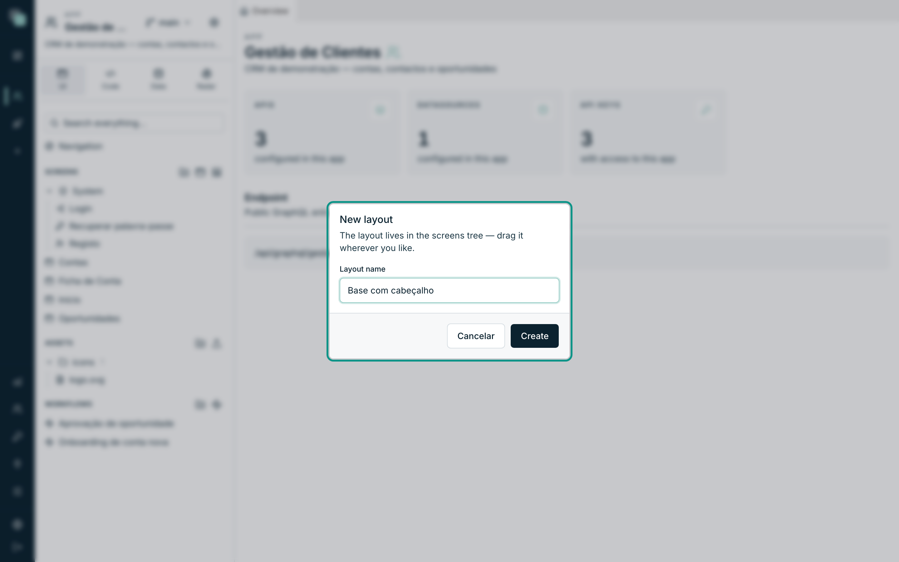 The New layout dialog — the layout is born in the screens tree and opens right away for designing.