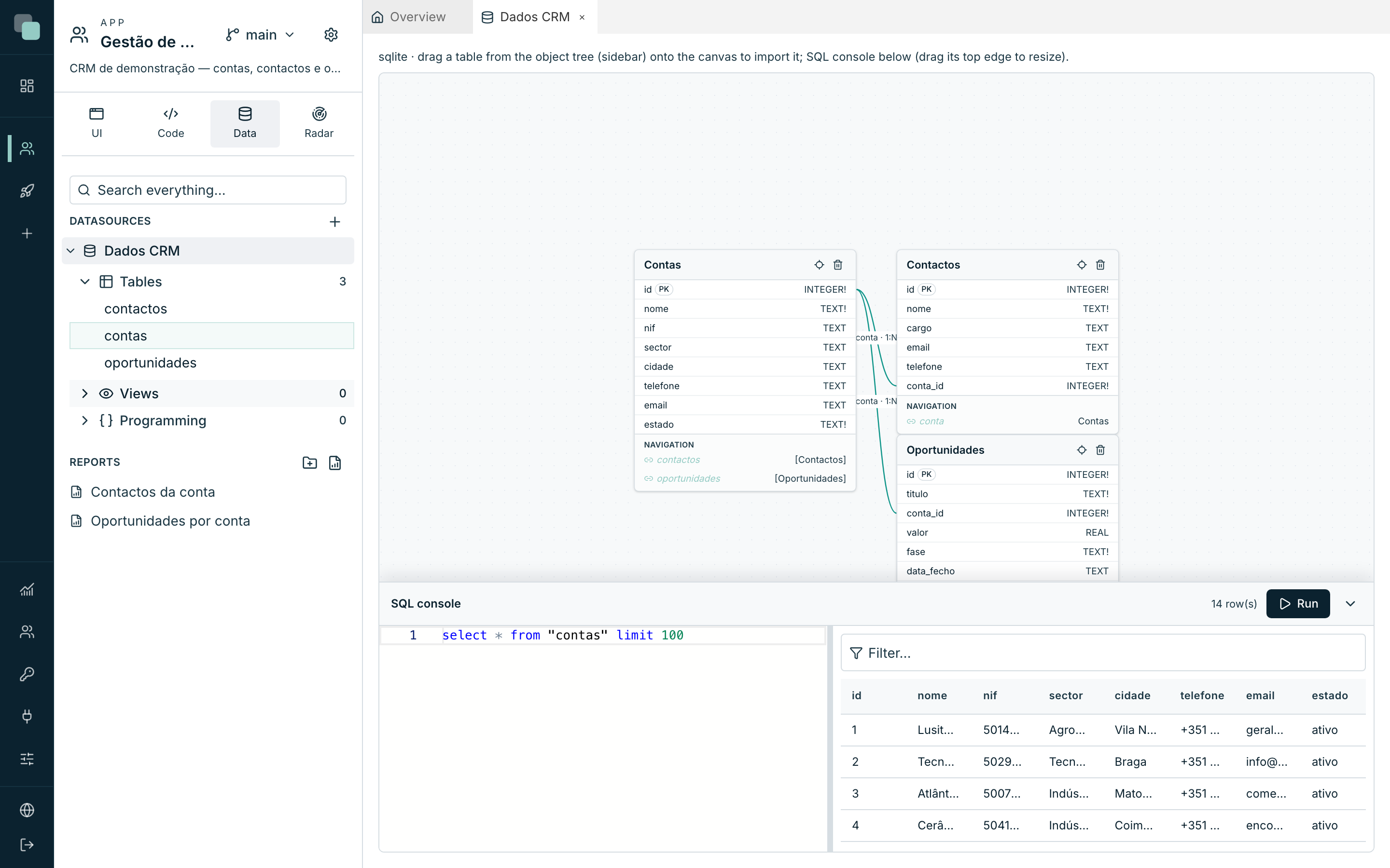 View data opens the SQL console with the query already made — the table's real rows, below the model.