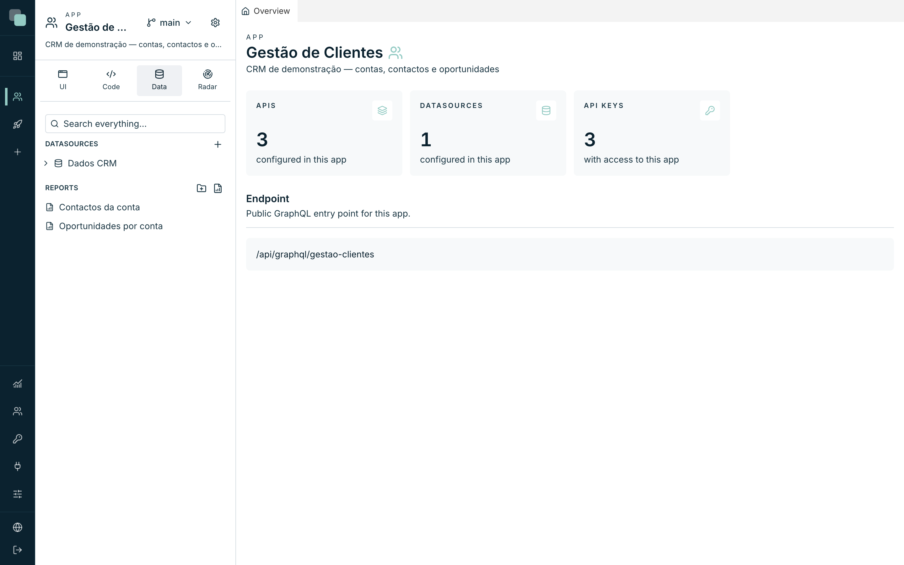 The Datasources page of the Gestão de Clientes app, with the