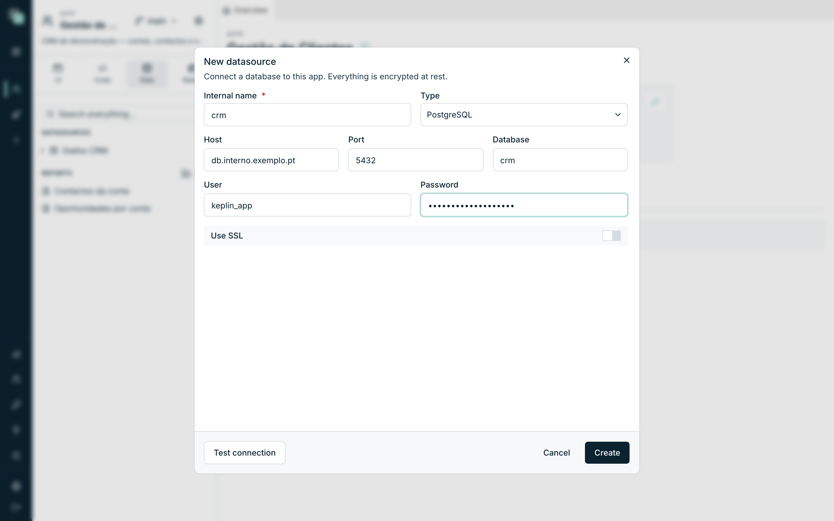 The New datasource form filled in for the PostgreSQL connection of the Gestão de Clientes app