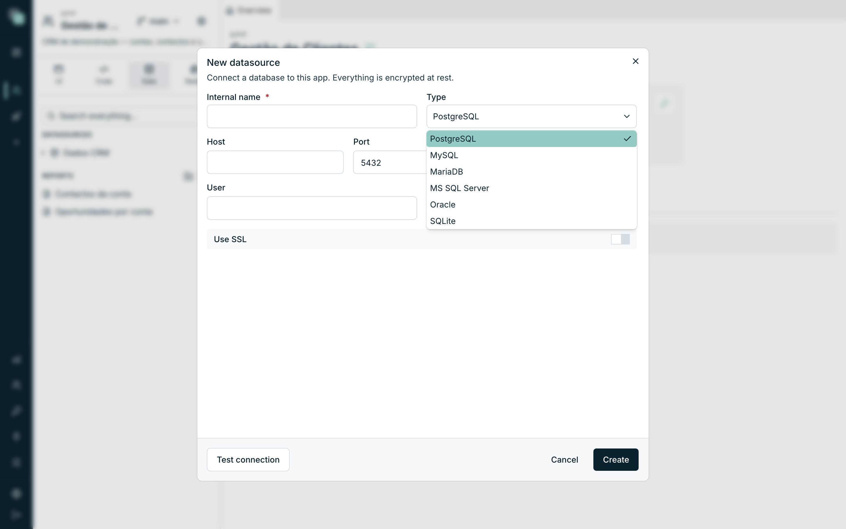 The list of database types in the New datasource dialog: the six supported engines.