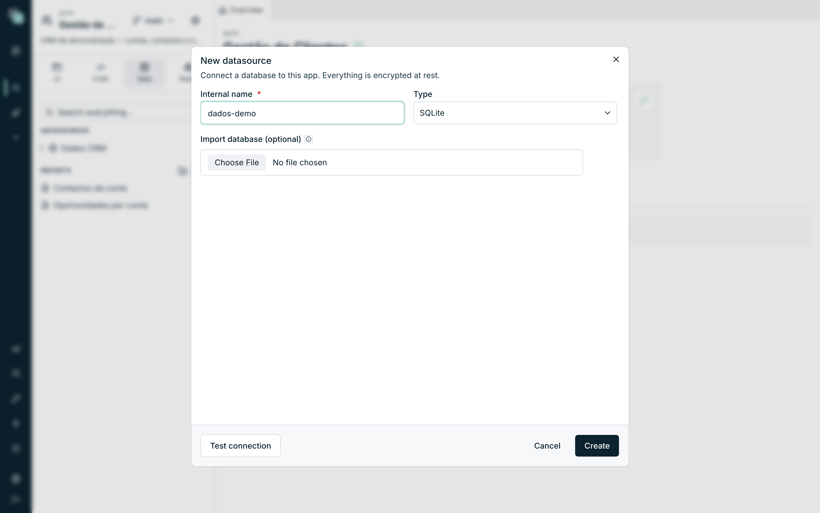 When choosing SQLite, the form shrinks to the import field — no host or credentials