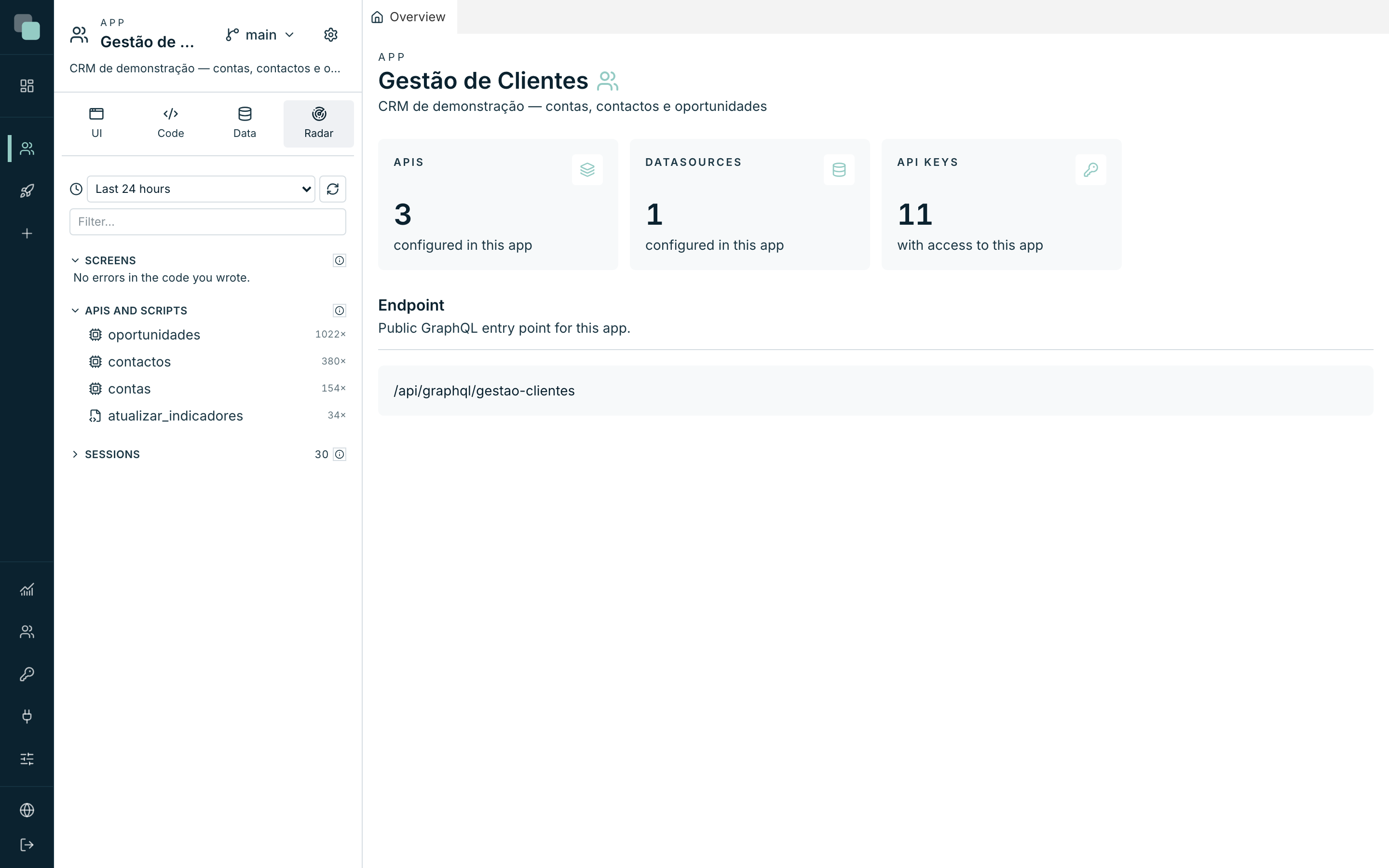 The Radar minitab: the app's health seen from the inside — APIs, scripts, sessions and problems.
