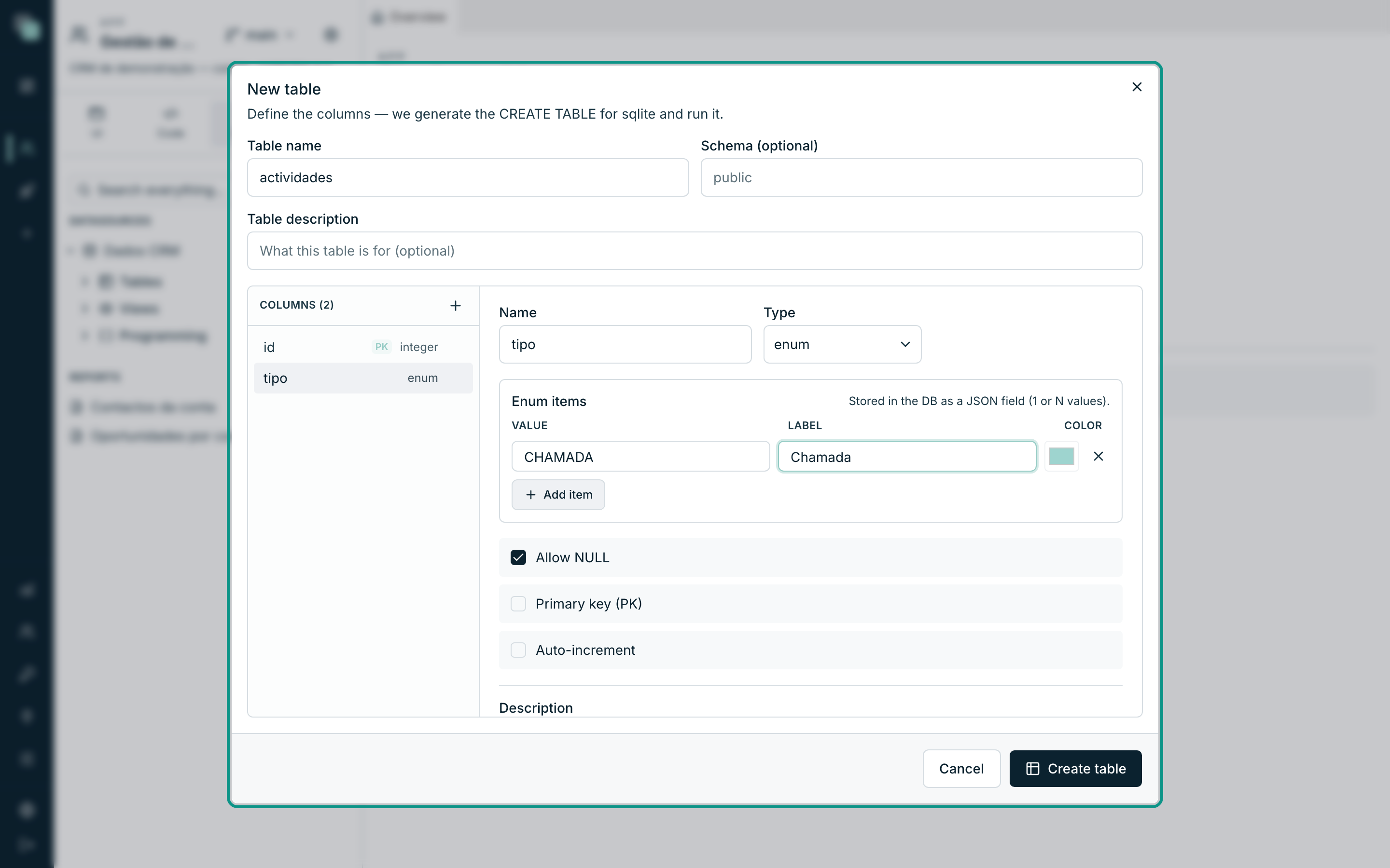 An enum-typed column opens the Enum items — each item with value, label and color.