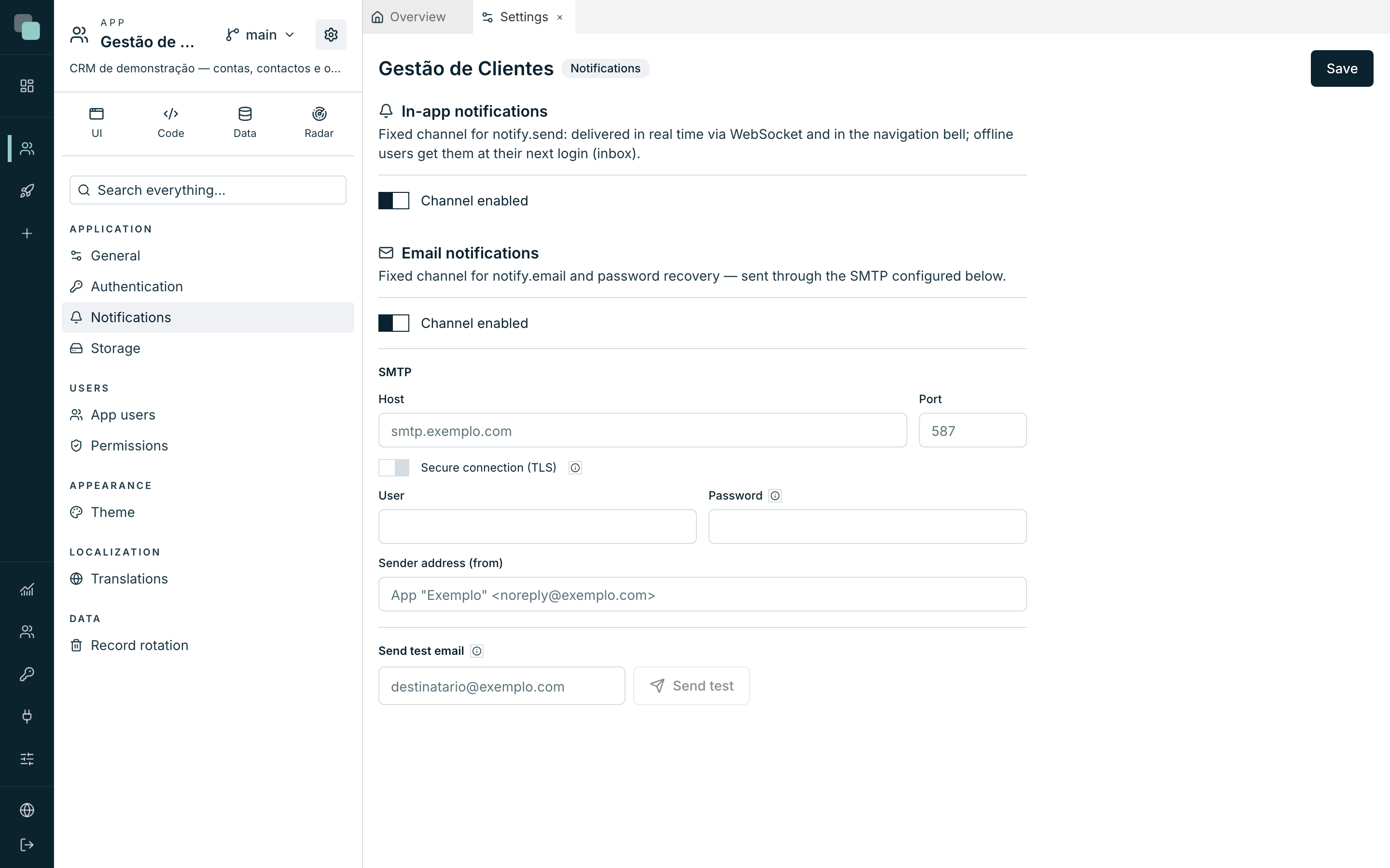 The Notifications section of the app settings: the two fixed channels — in-app and email — and the sending SMTP.