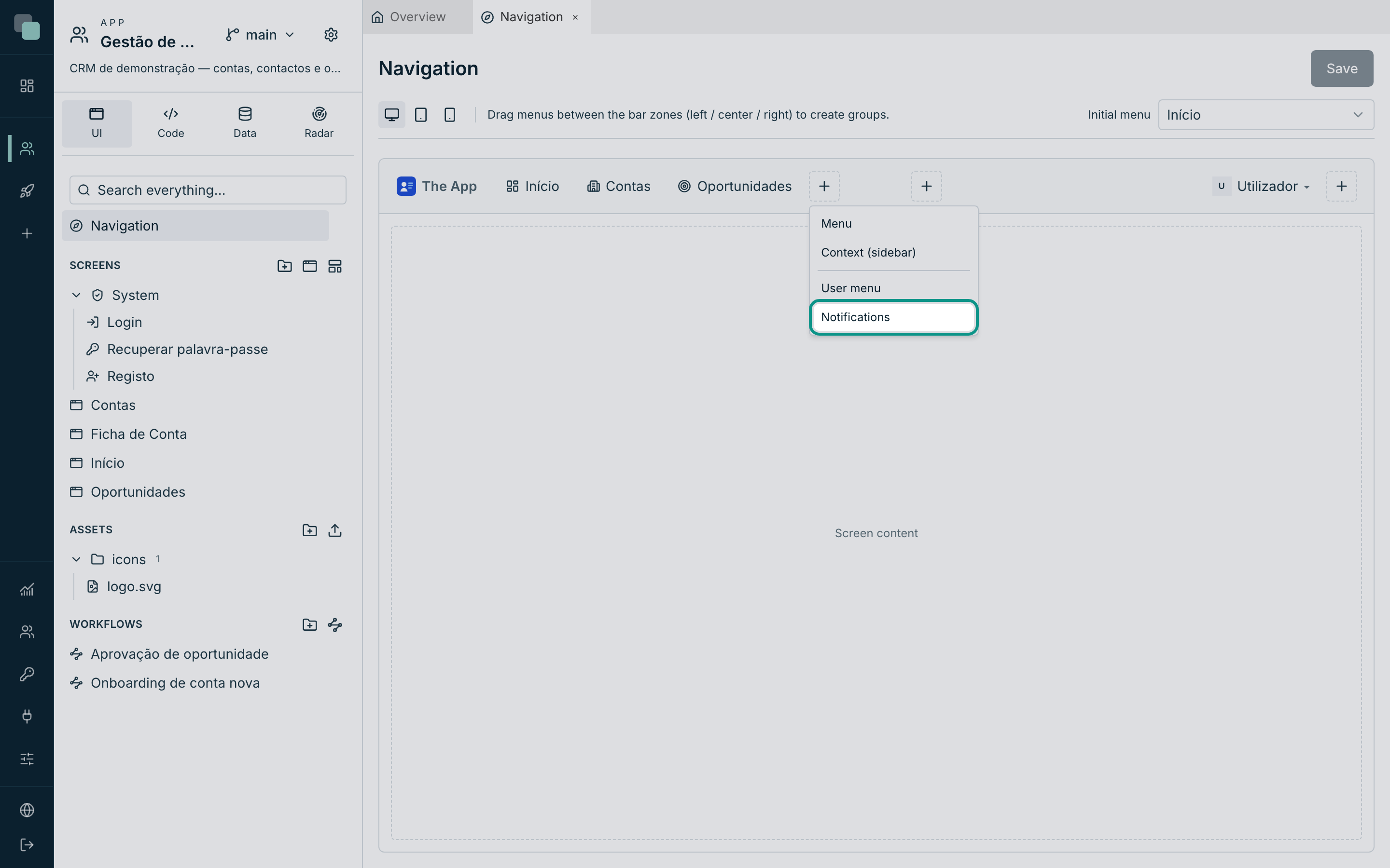 The Notifications menu in the navigation editor — it is what puts the notification centre's bell in the app's bar.