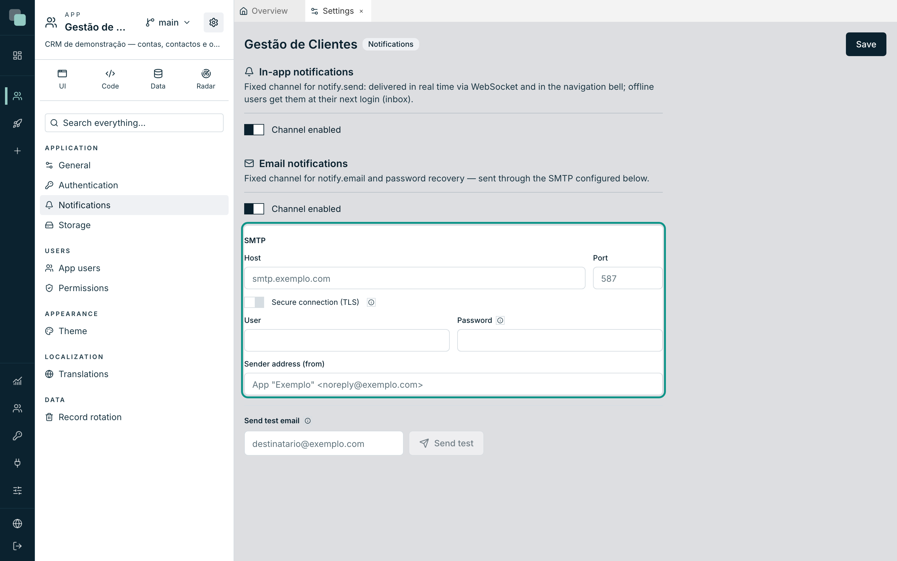 The SMTP block of the email channel: server, port, secure connection, credentials and sender address.