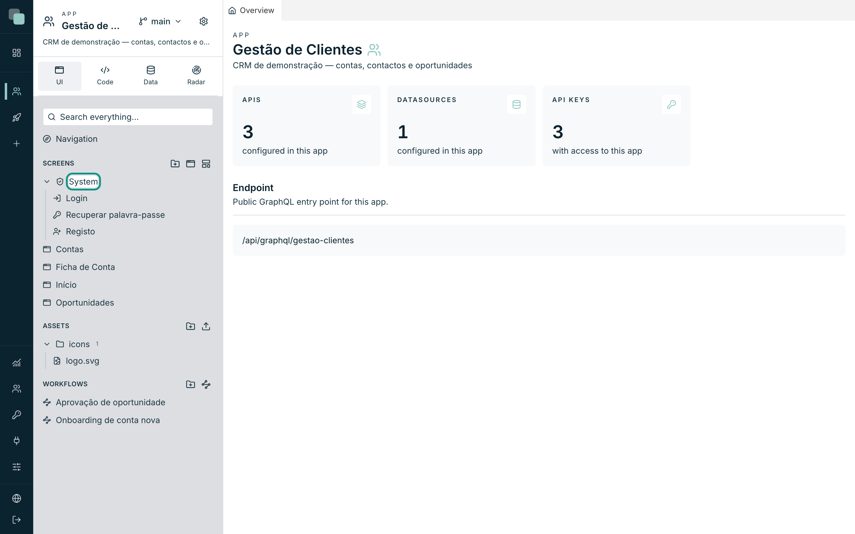 The System group in the screens tree: Login, Recover password and Register exist from the first second.