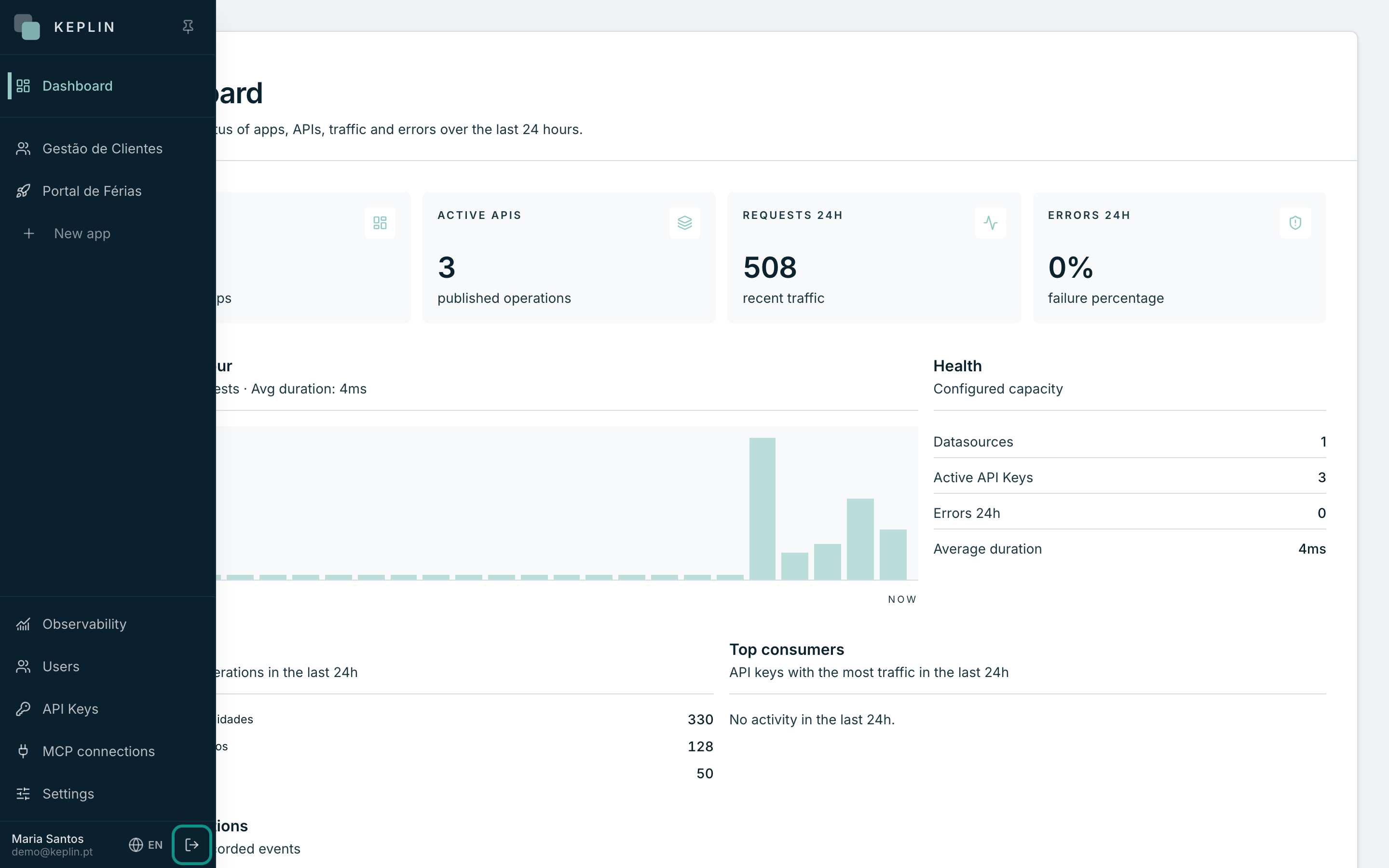 The bottom of the sidebar: your account, the Language button and the Log out button.