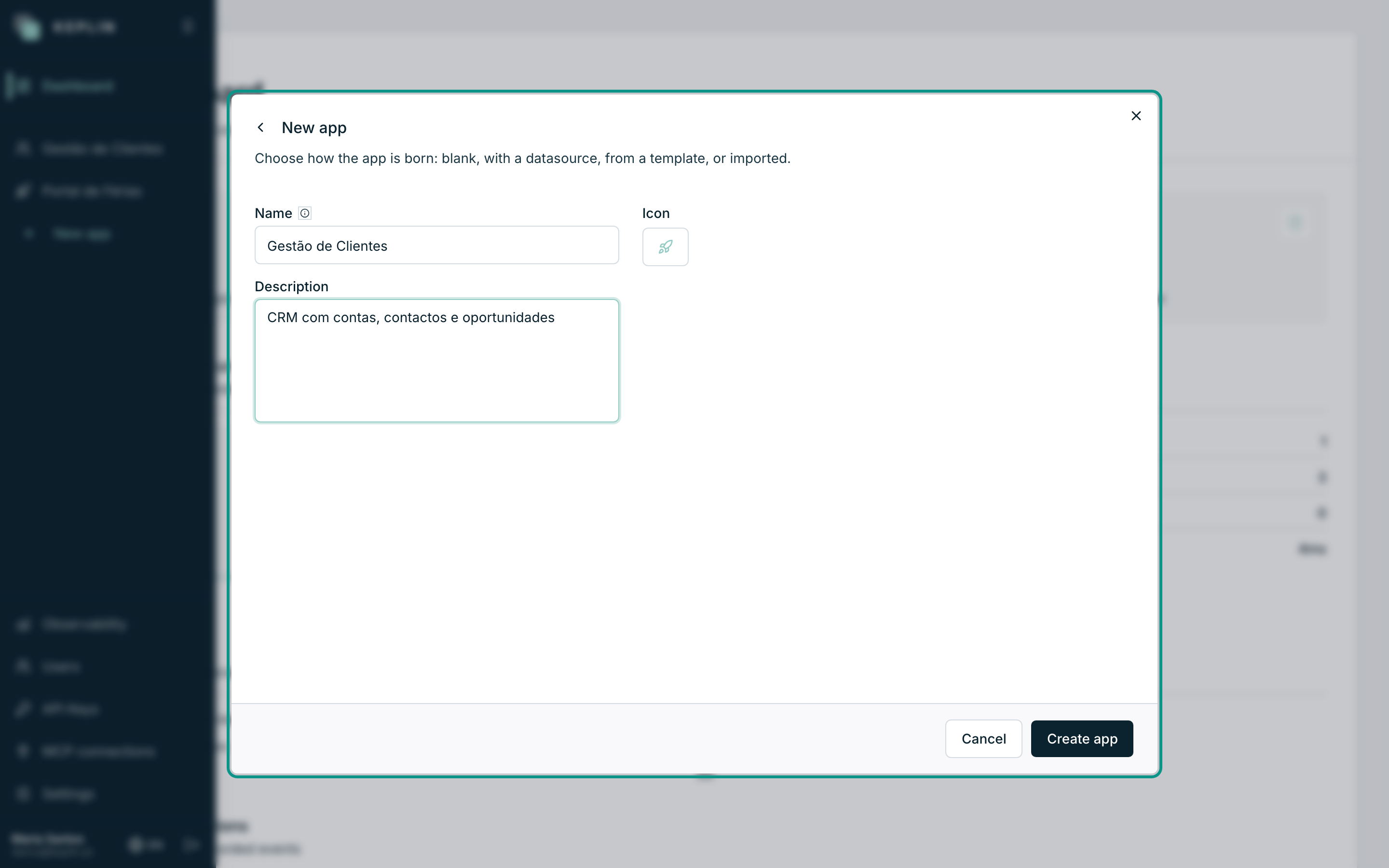 The New app window on the Create from scratch tab: Name, Description and the icon gallery.