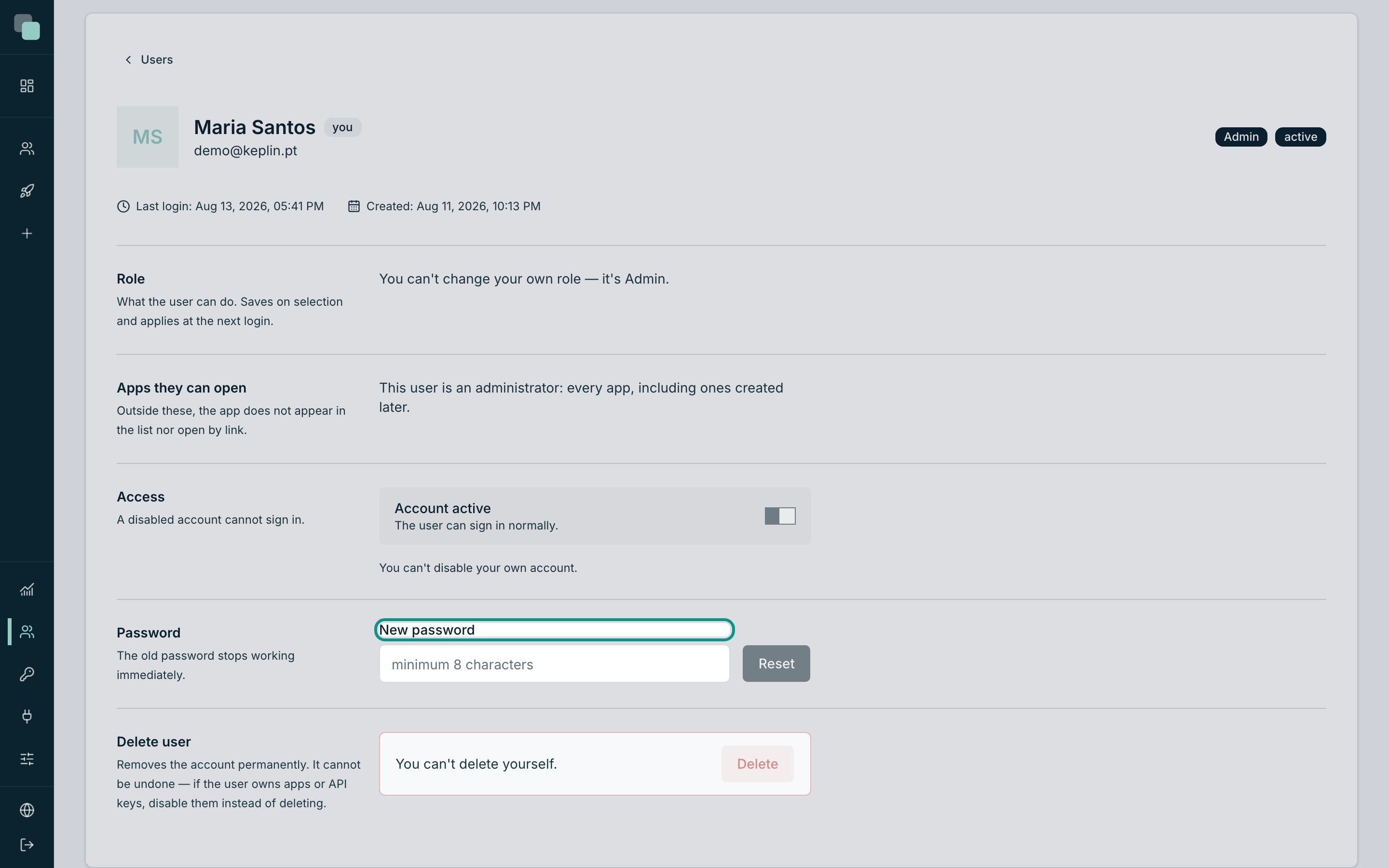 A user's record in the Users menu: the Password card, where an administrator sets the New password and presses Reset.