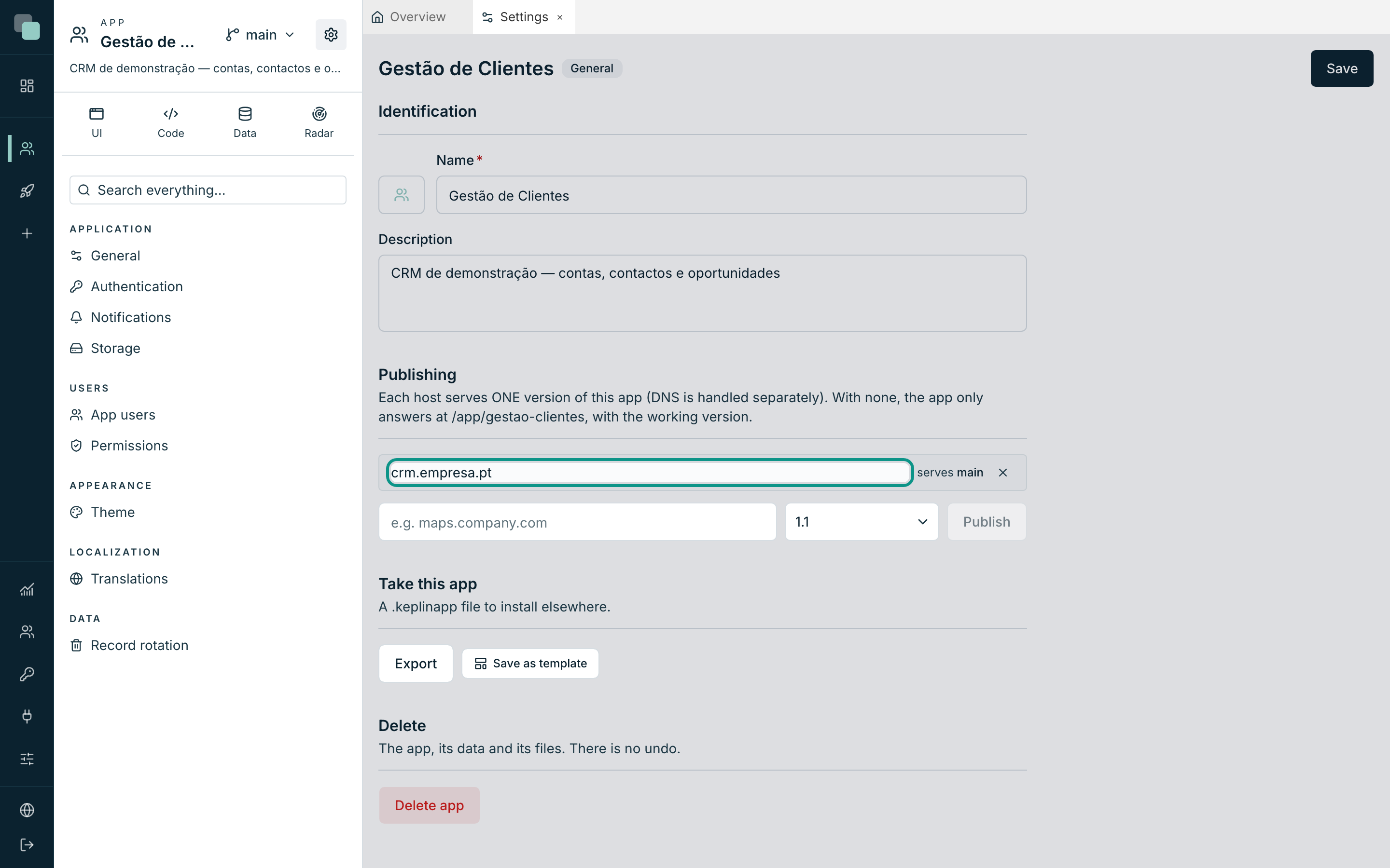 The Publishing section with a published host