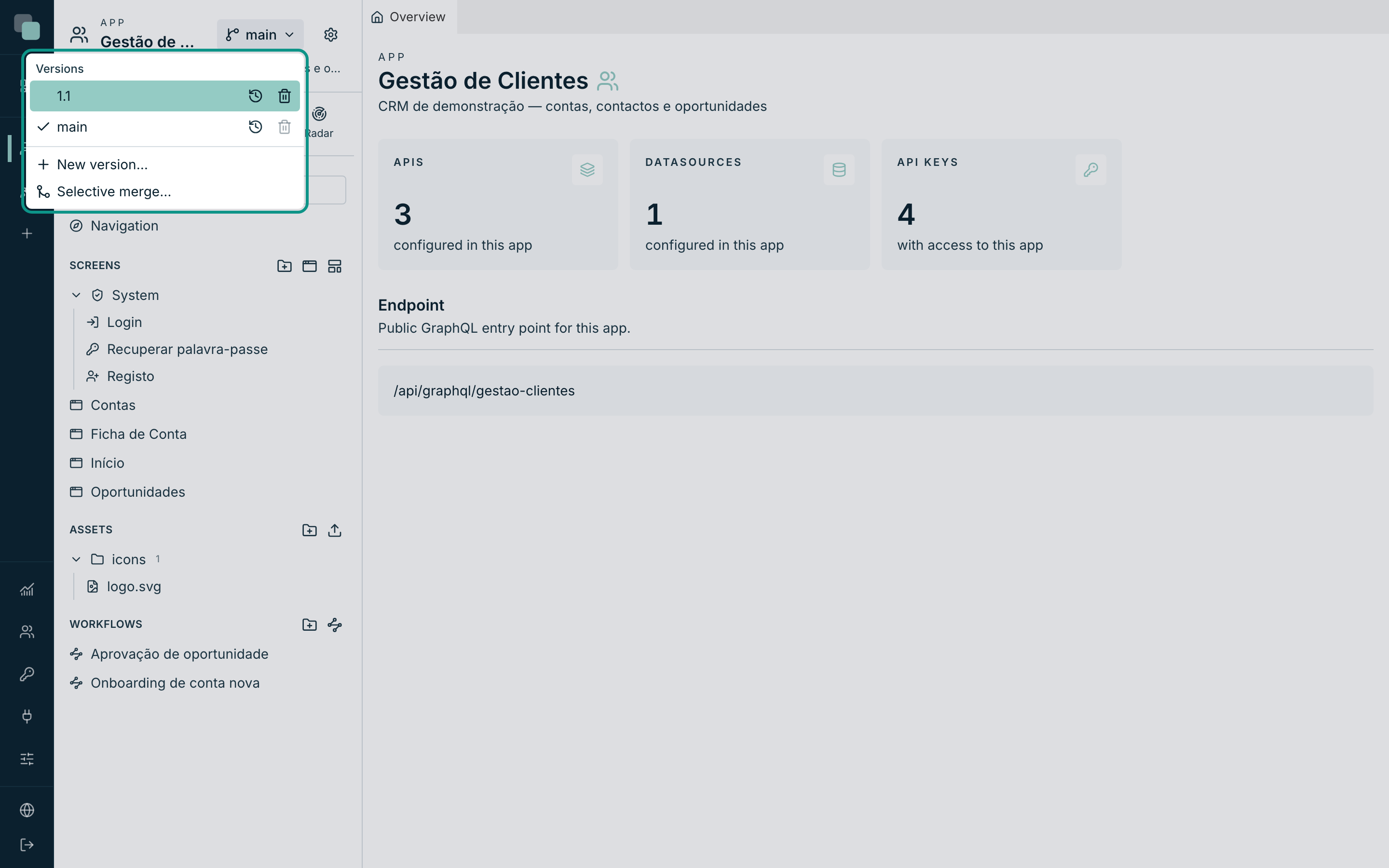 The app's Versions menu: the mark on the working version, the other versions and the actions on each row.