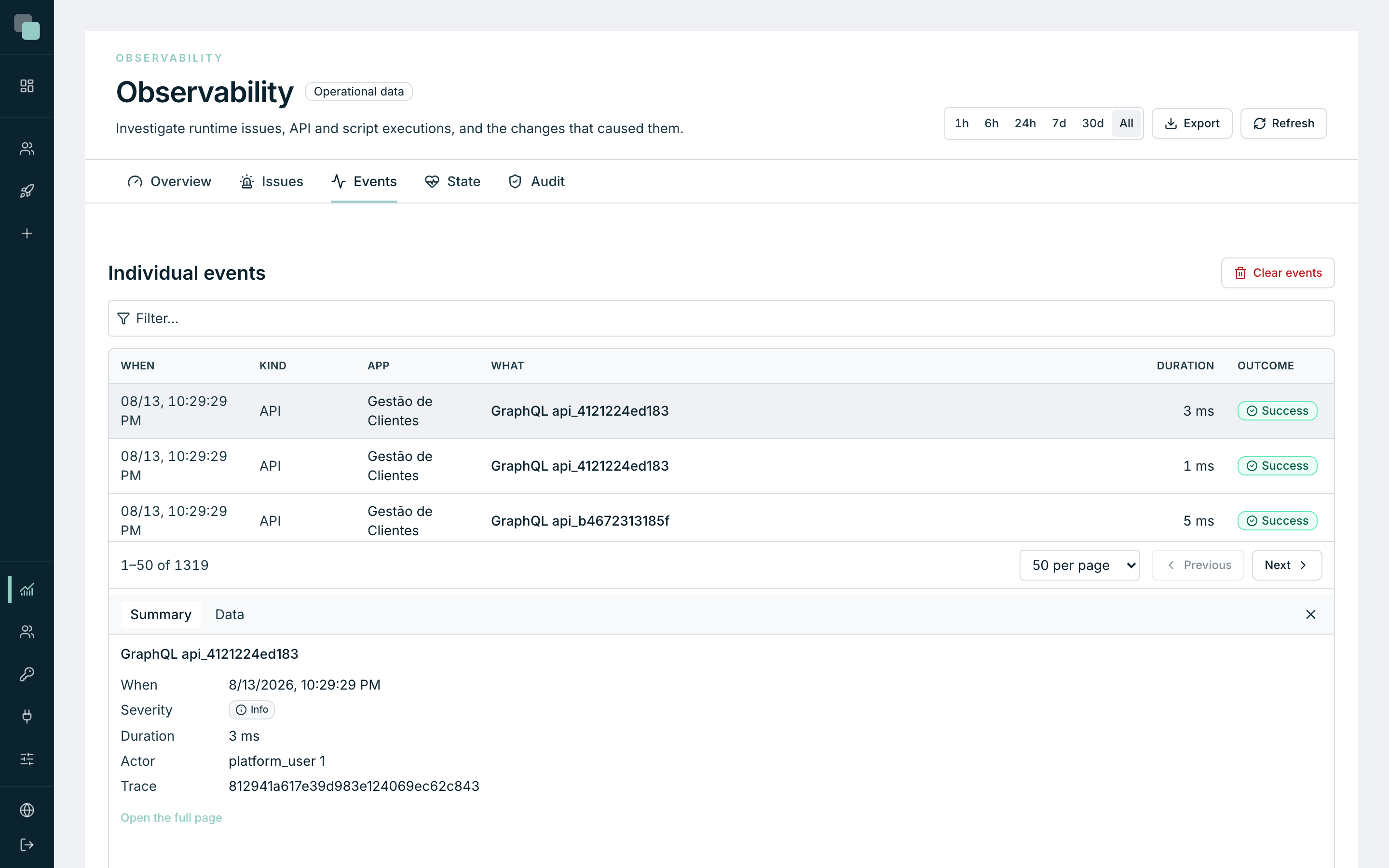 The Events section with an execution selected and the detail beside it