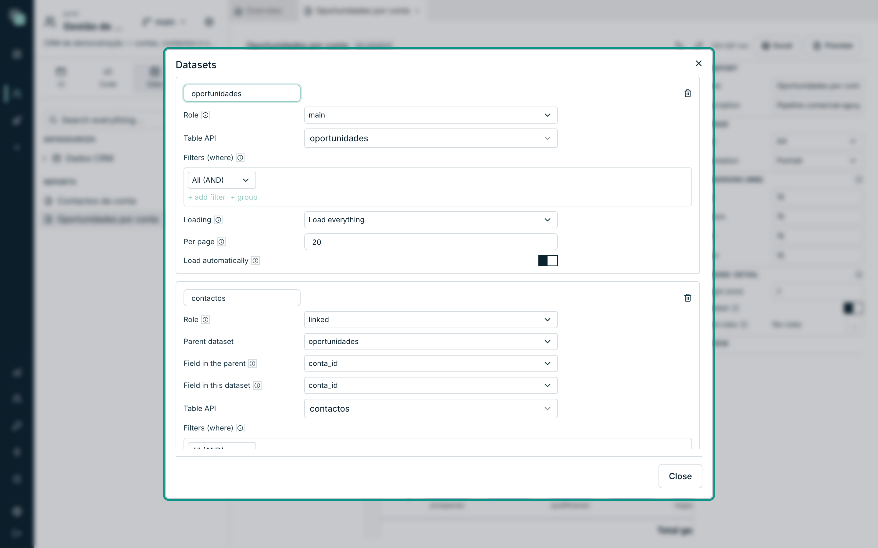 The Datasets dialog