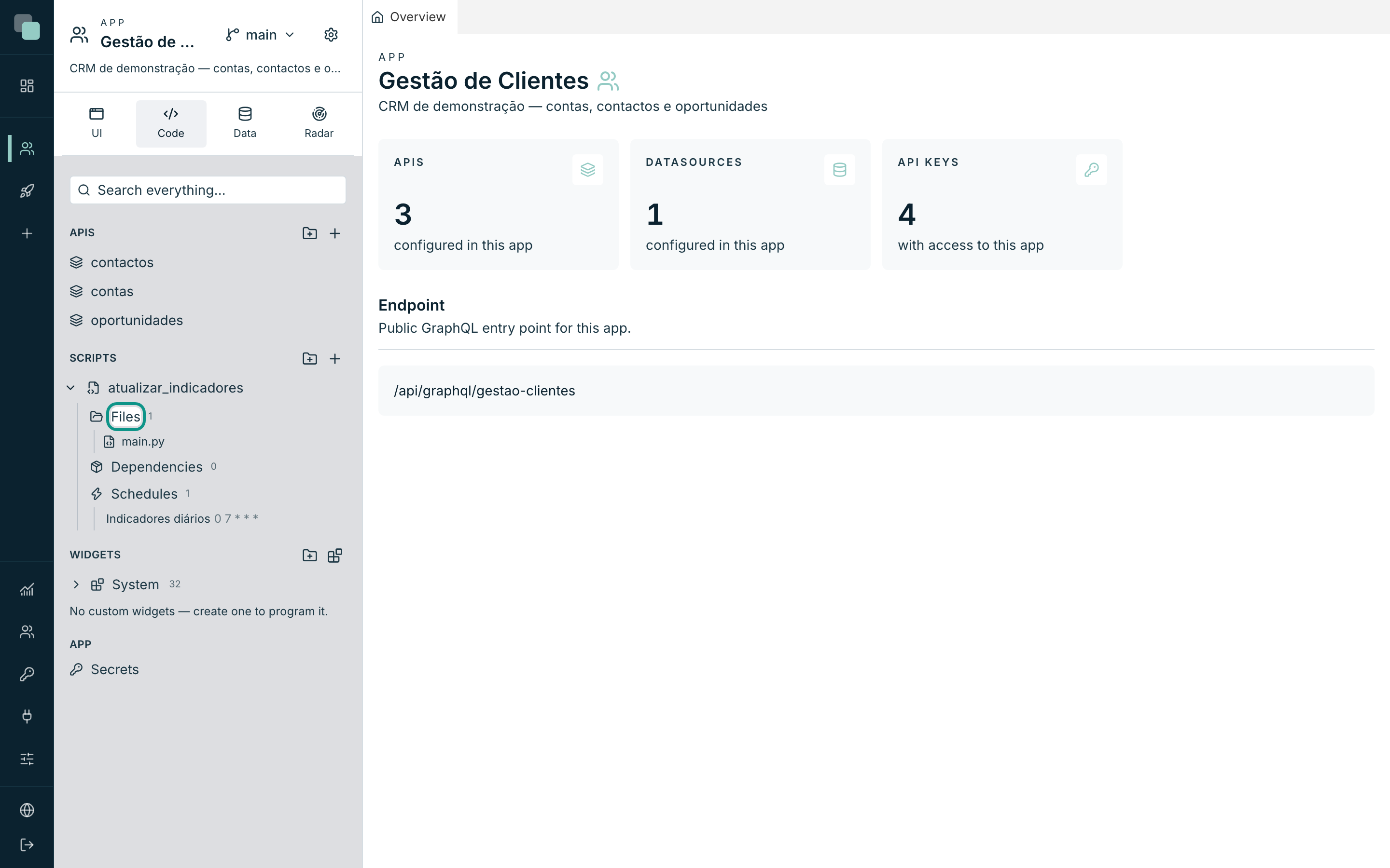 The script node expanded in the tree — Files, Dependencies and Schedules.