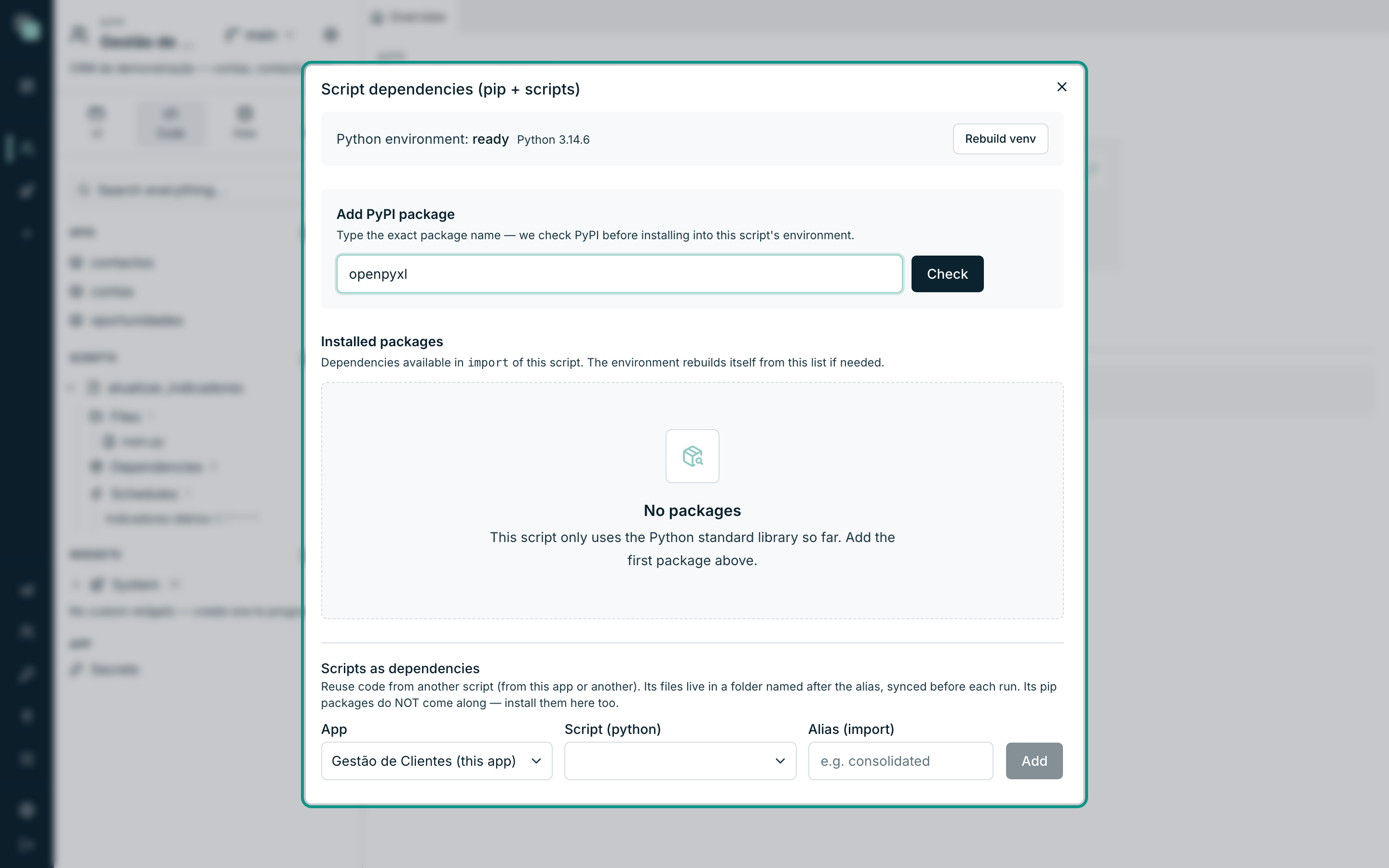 The dependency manager — Python environment, add a PyPI package and the list of installed ones.