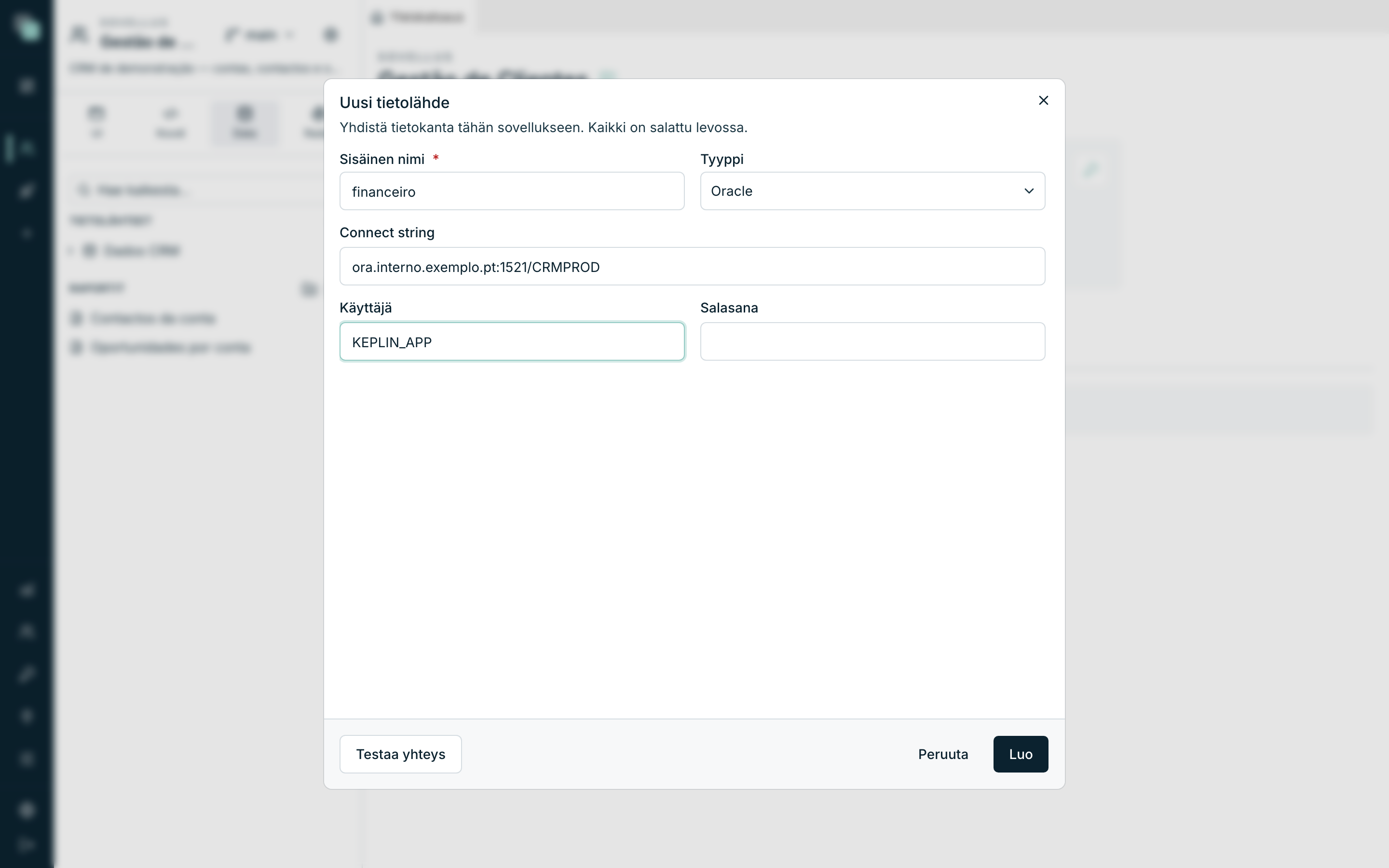 Oracle-lomake Connect string täytettynä