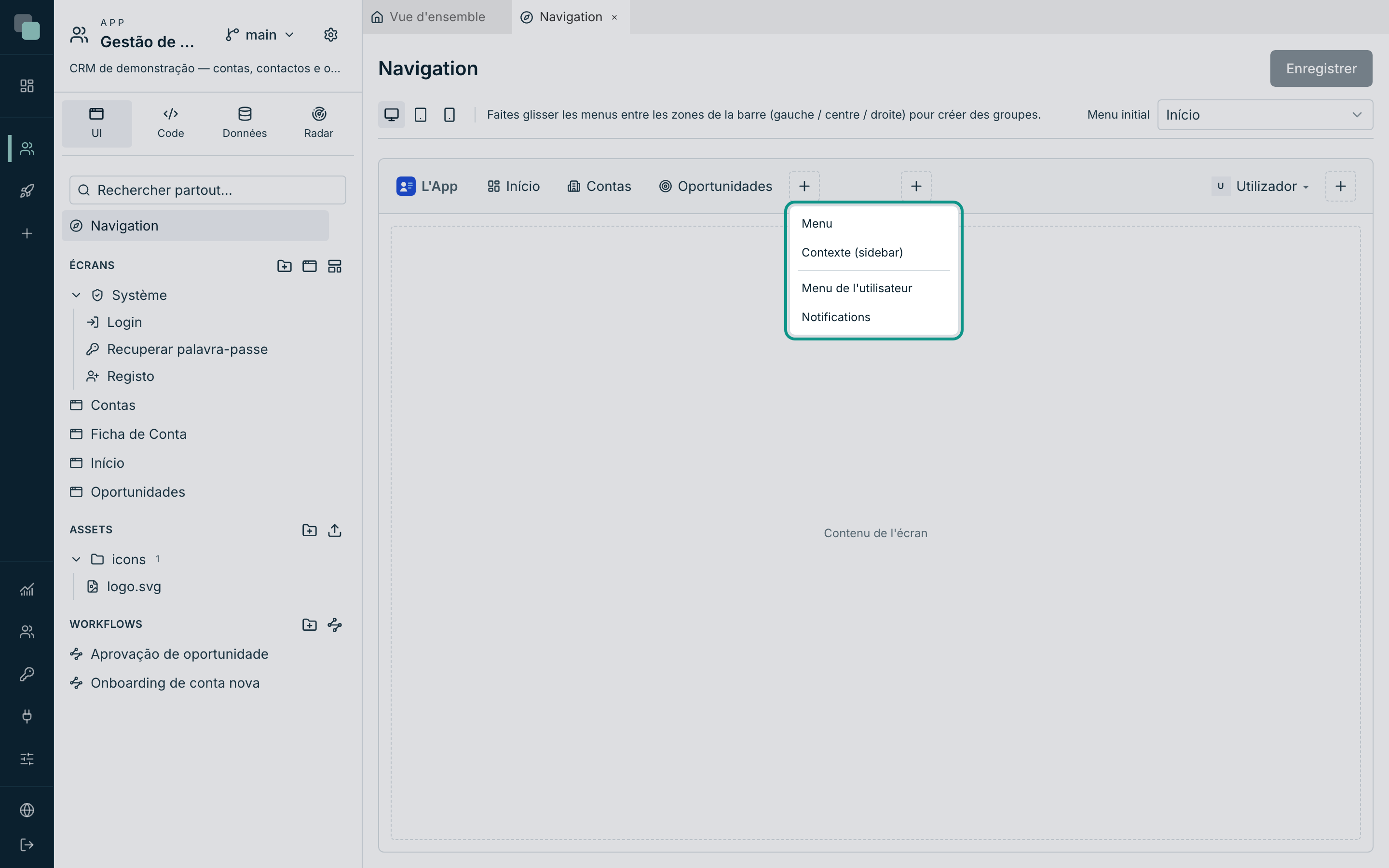 Le + d'une zone : les types de menu que la barre supérieure accepte — élément, contexte avec barre latérale, menu de l'utilisateur et notifications.