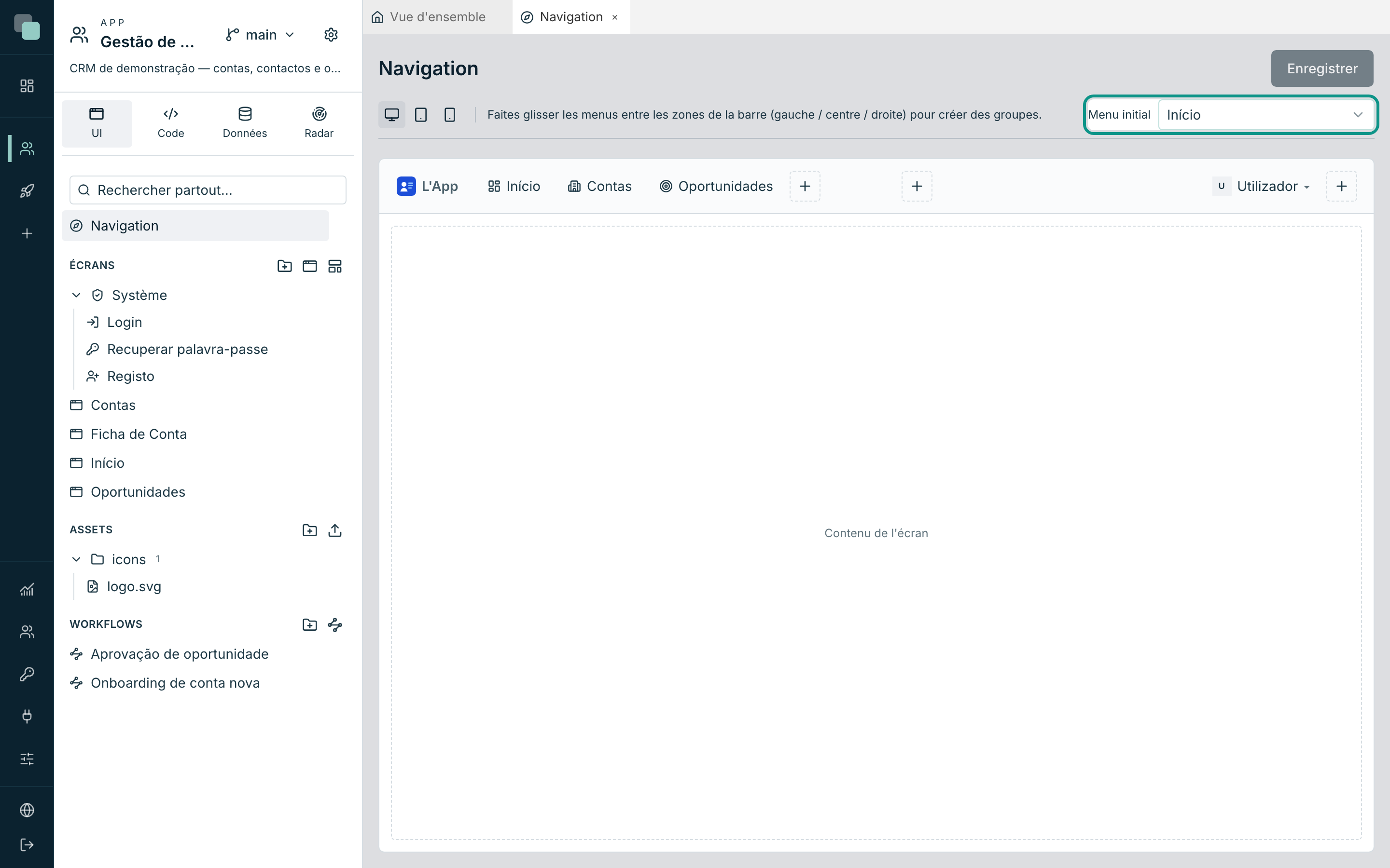Menu initial — lequel des menus s'ouvre quand quelqu'un entre dans l'app, choisi par appareil.