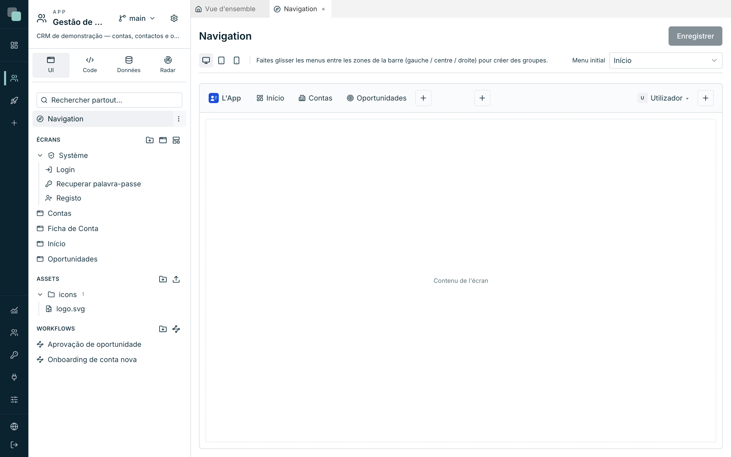 L'éditeur de Navigation en Web : la barre supérieure dessinée telle qu'elle apparaît dans l'app, avec les zones gauche, centre et droite.