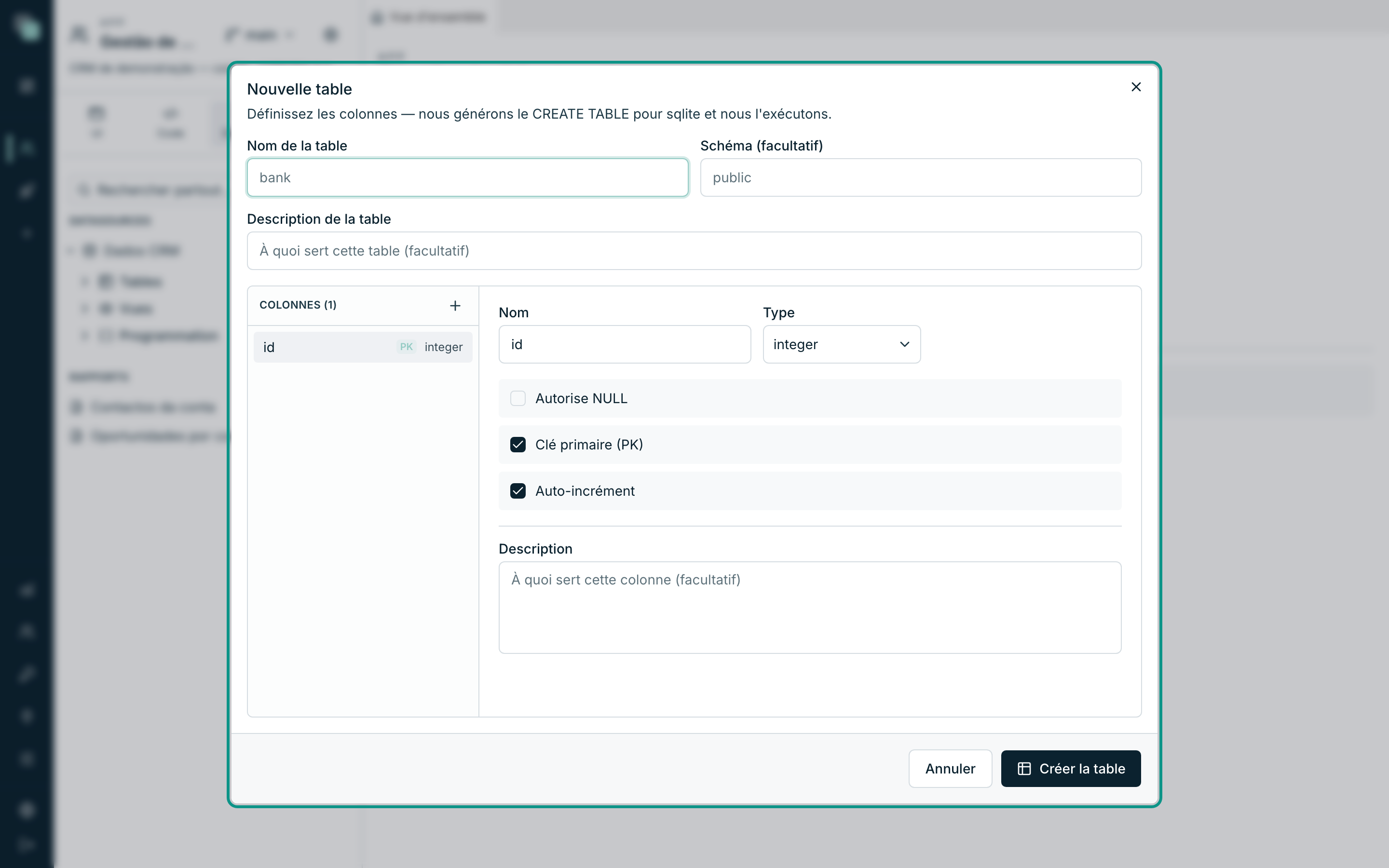La fenêtre Nouvelle table : définissez les colonnes et la plateforme génère et exécute le CREATE TABLE