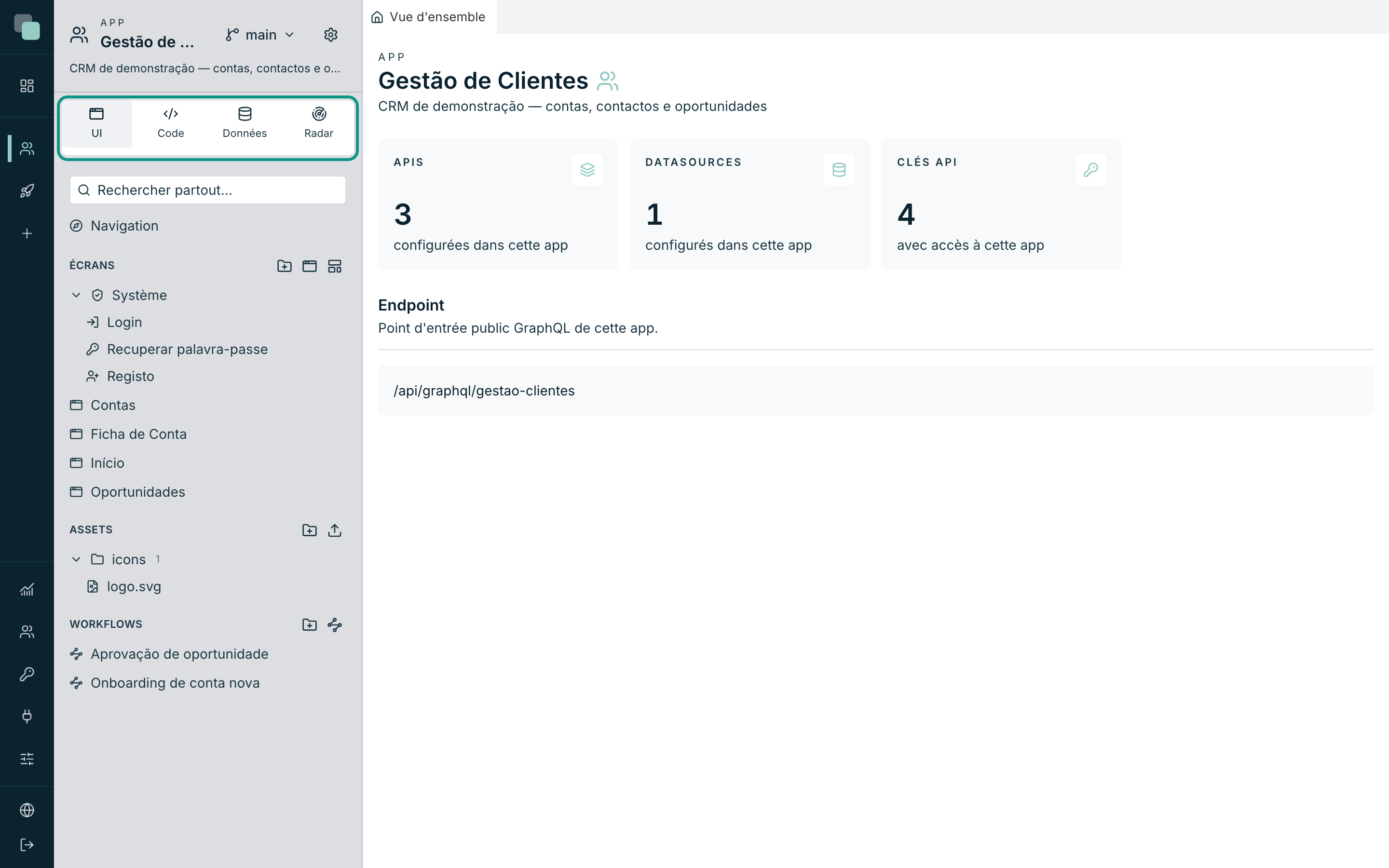 L'arborescence de l'app : les minitabs UI, Code, Données et Radar organisent tout ce qu'une app contient.