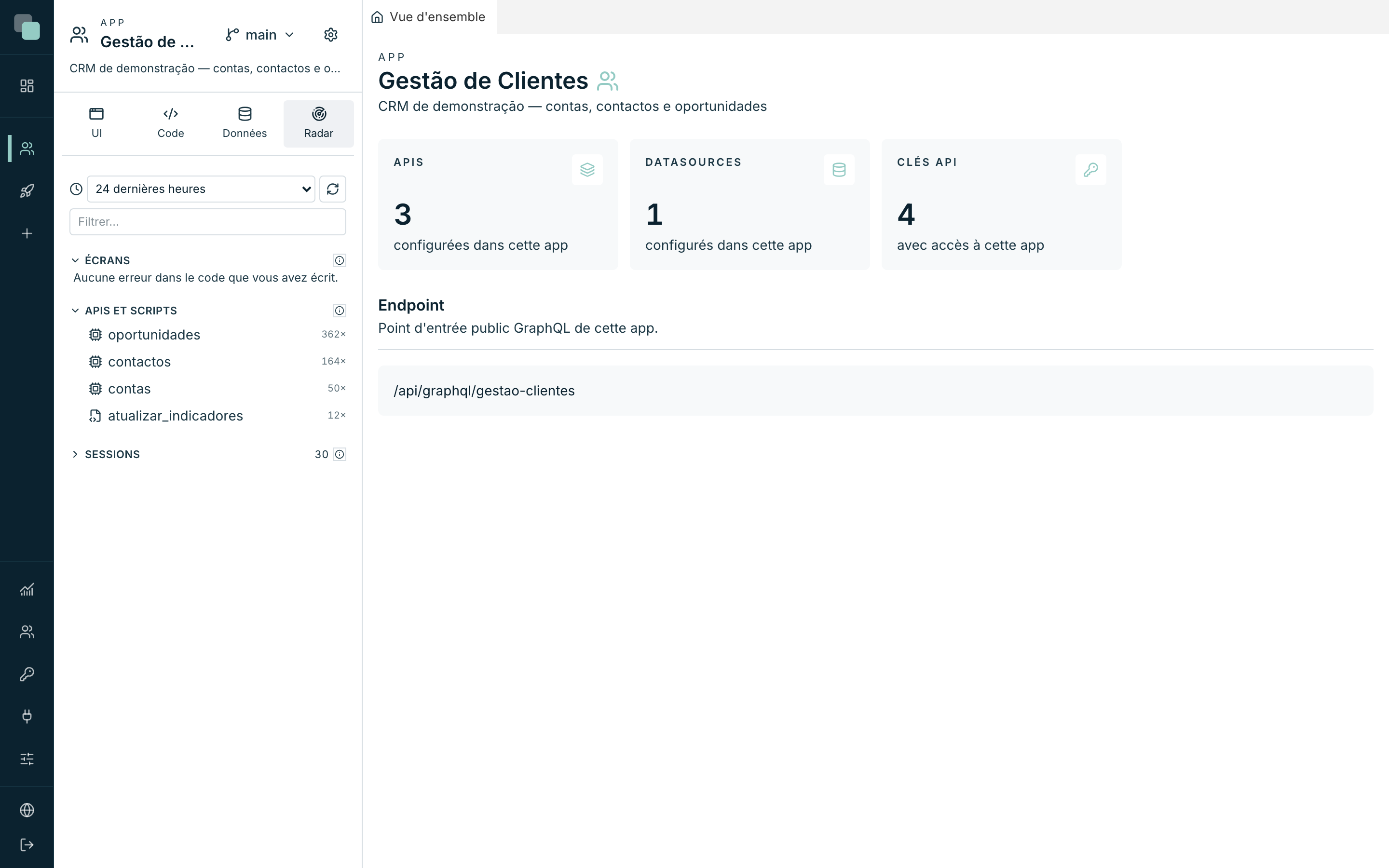 Le minitab Radar : la santé de l'app vue de l'intérieur — APIs, scripts, sessions et problèmes.