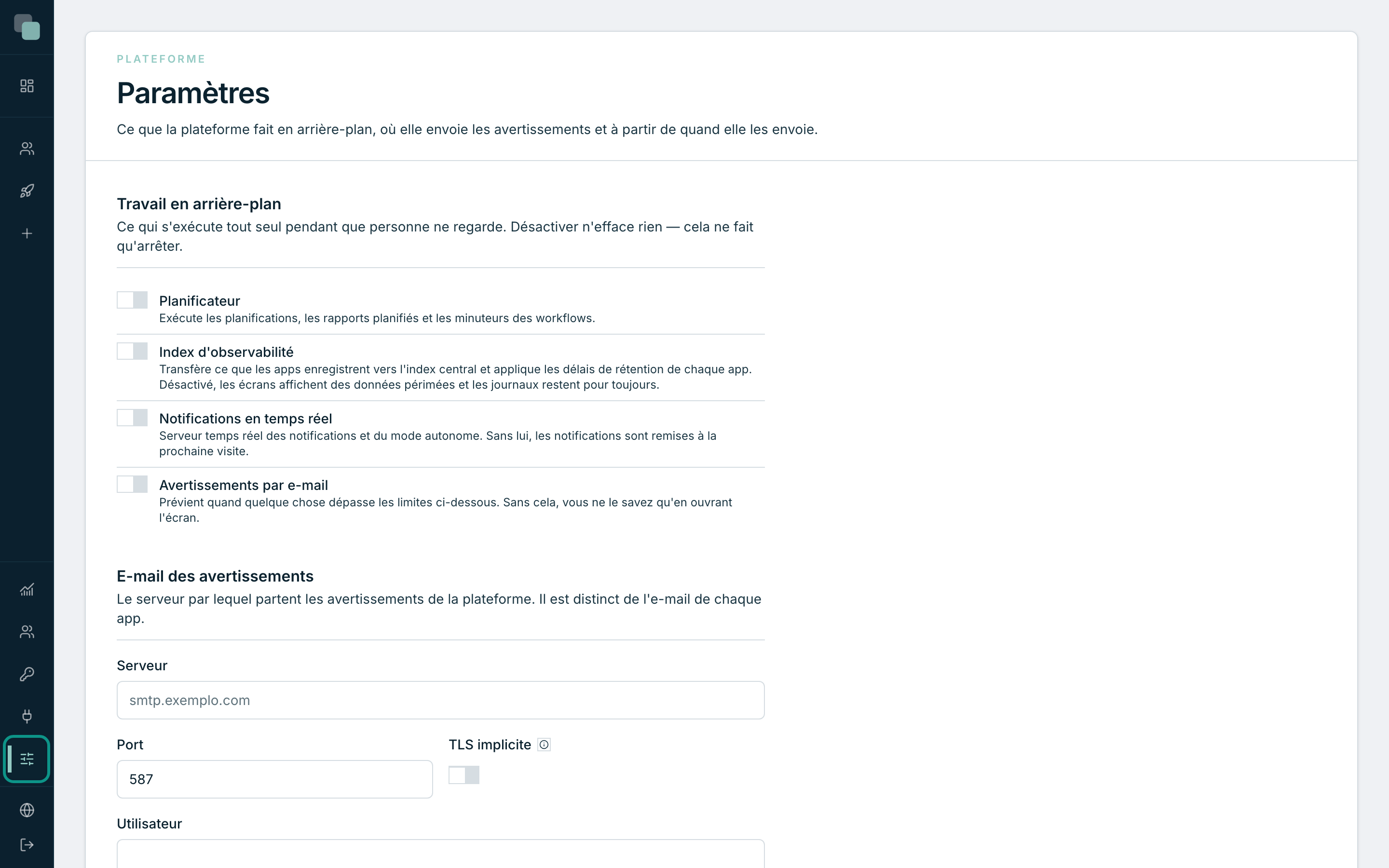 Le menu Paramètres dans la barre latérale, où vit le panneau de l'application mobile