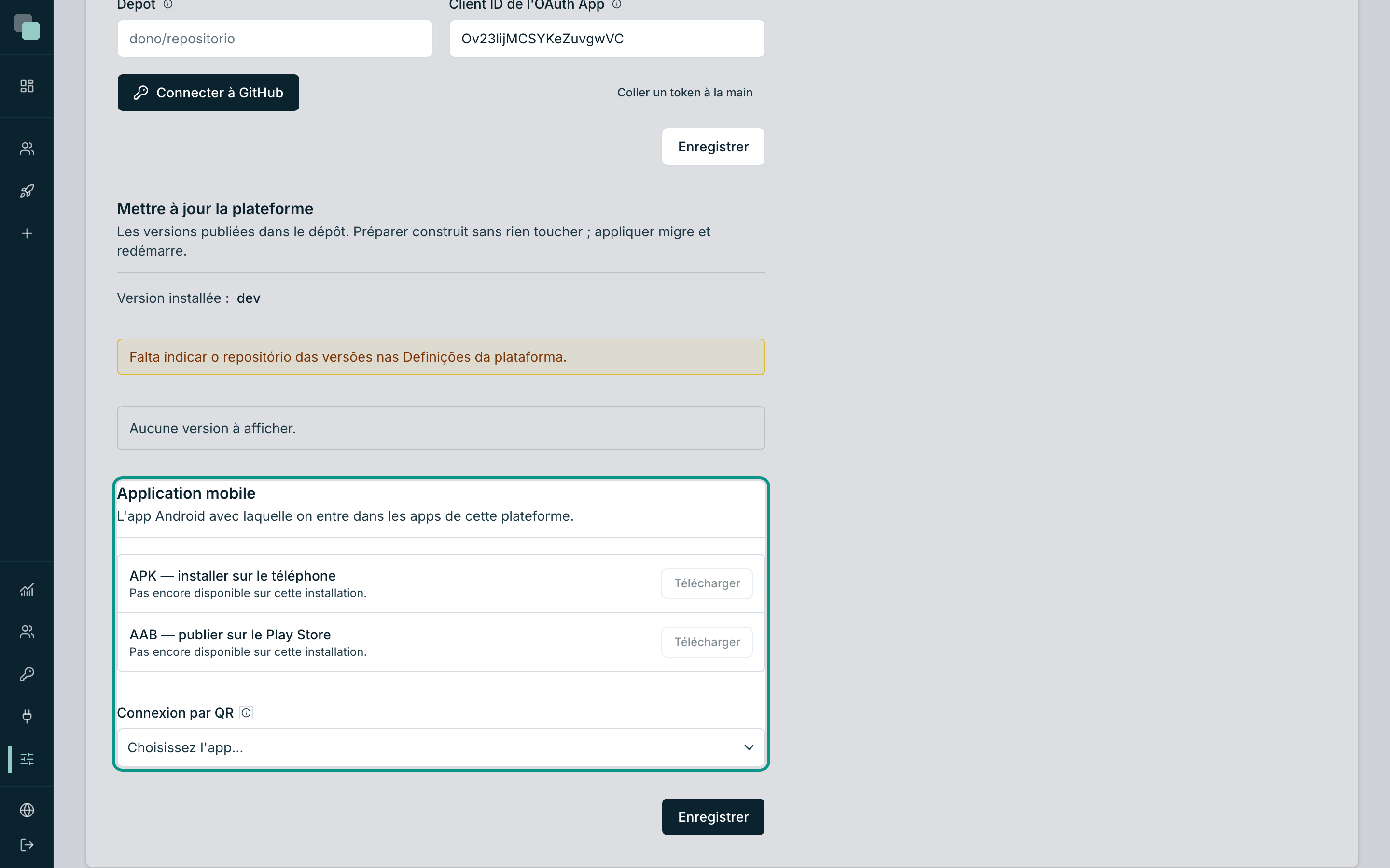 Le panneau Application mobile dans les Paramètres de la plateforme, avec les deux fichiers