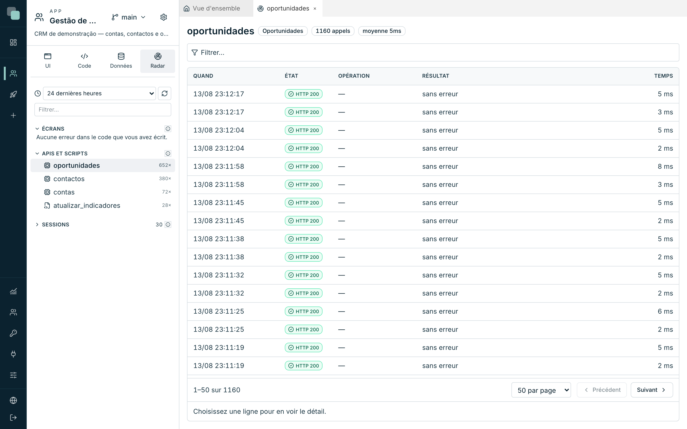 Le panneau d'une API dans le Radar : une ligne par appel, avec état, opération, résultat et temps