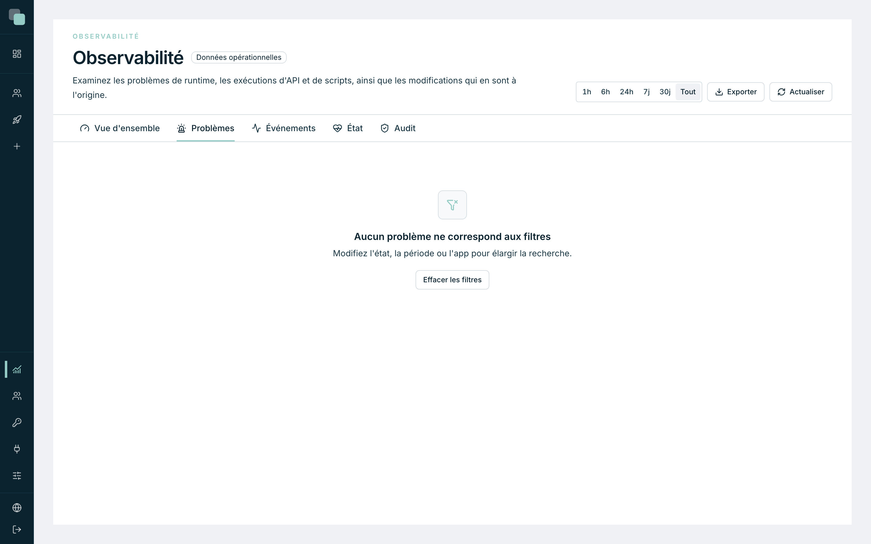 La section Problèmes de l'Observabilité — dans cette installation de démonstration, aucun problème non résolu