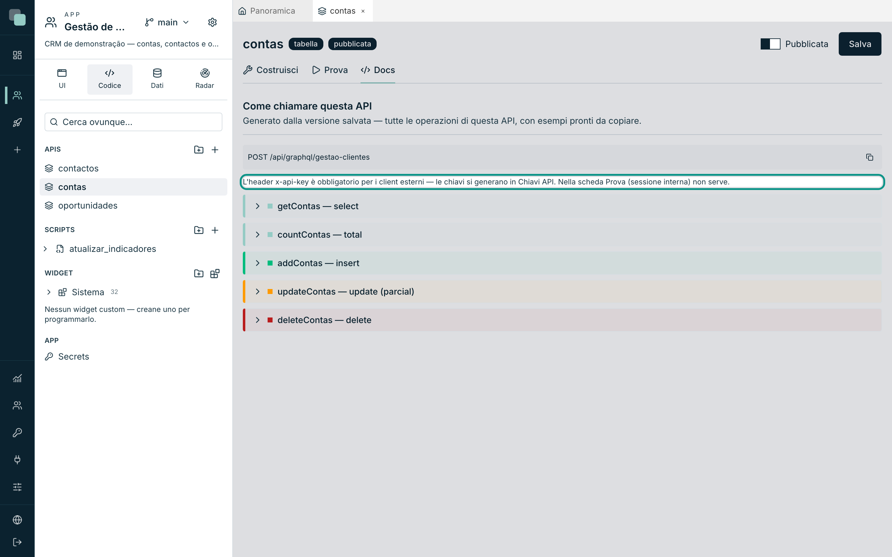 La scheda Docs di un'API di Tabella, con l'endpoint e la nota sull'header x-api-key.